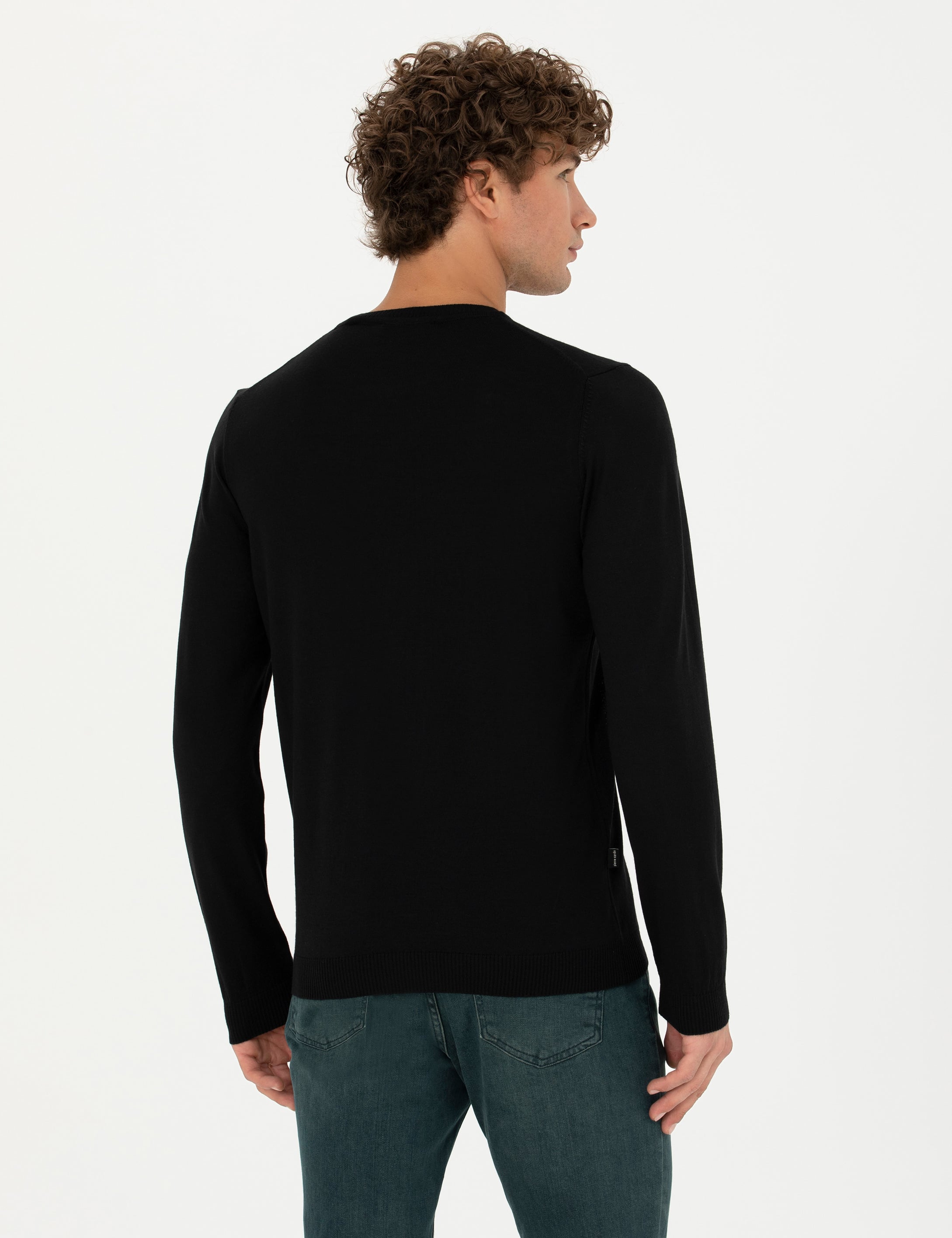 Siyah Slim Fit Bisiklet Yaka Yün Karışımlı Basic Triko Kazak