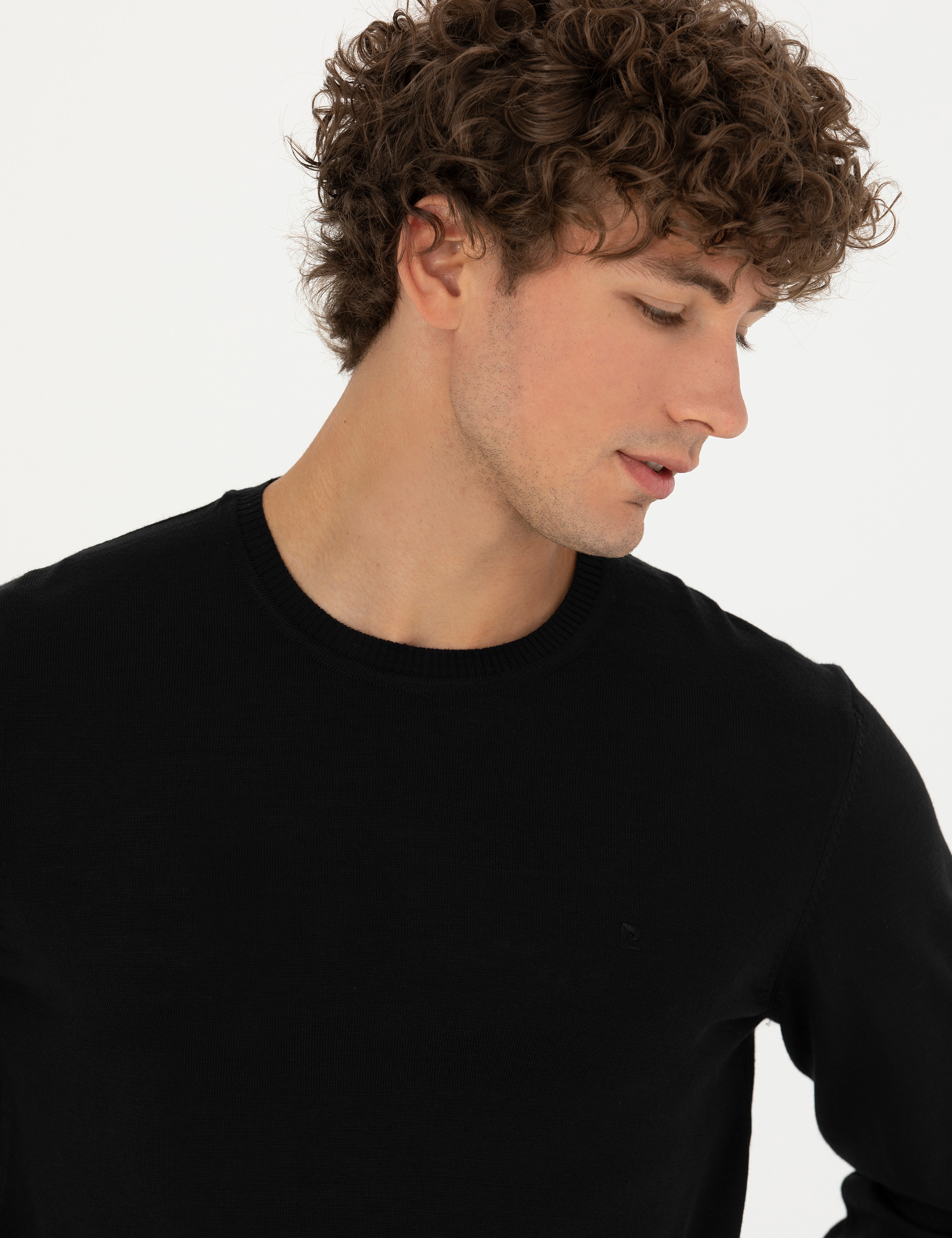 Siyah Slim Fit Bisiklet Yaka Yün Karışımlı Basic Triko Kazak - Image 2