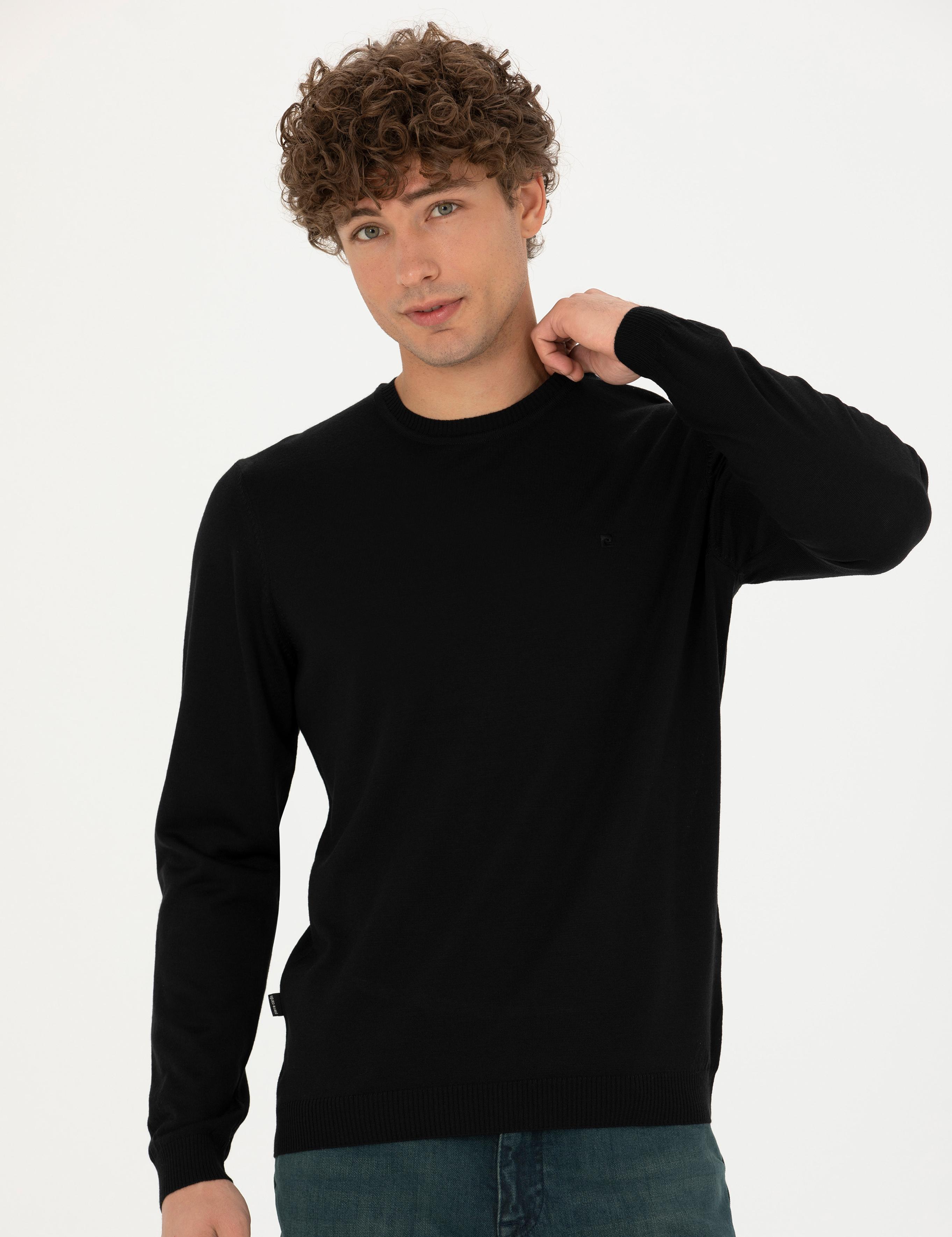 Siyah Slim Fit Bisiklet Yaka Yün Karışımlı Basic Triko Kazak