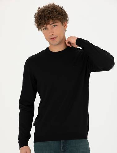 Siyah Slim Fit Bisiklet Yaka Yün Karışımlı Basic Triko Kazak