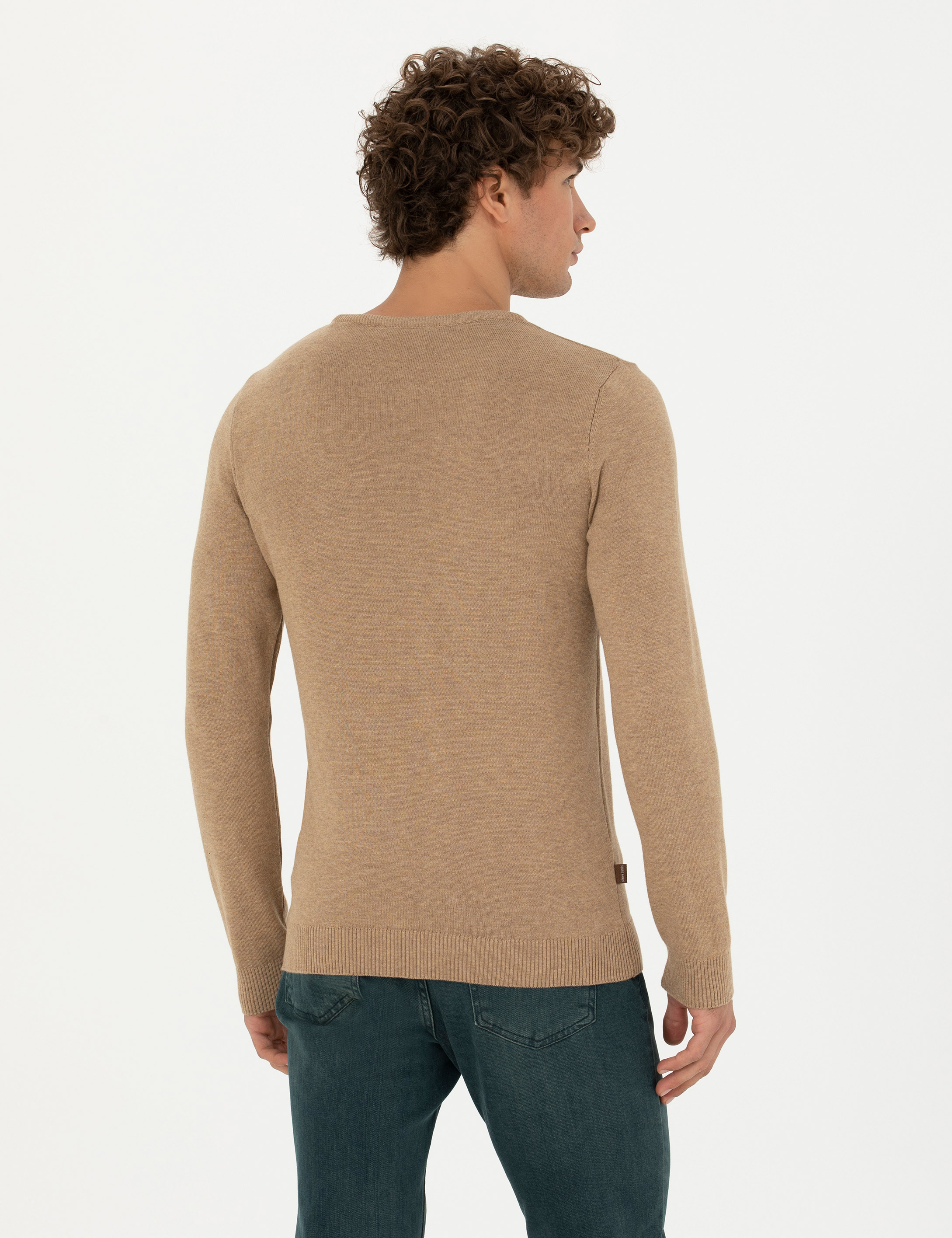 Pierre Cardin Camel Melanj Slim Fit Bisiklet Yaka Basic Triko Kazak görsel 5