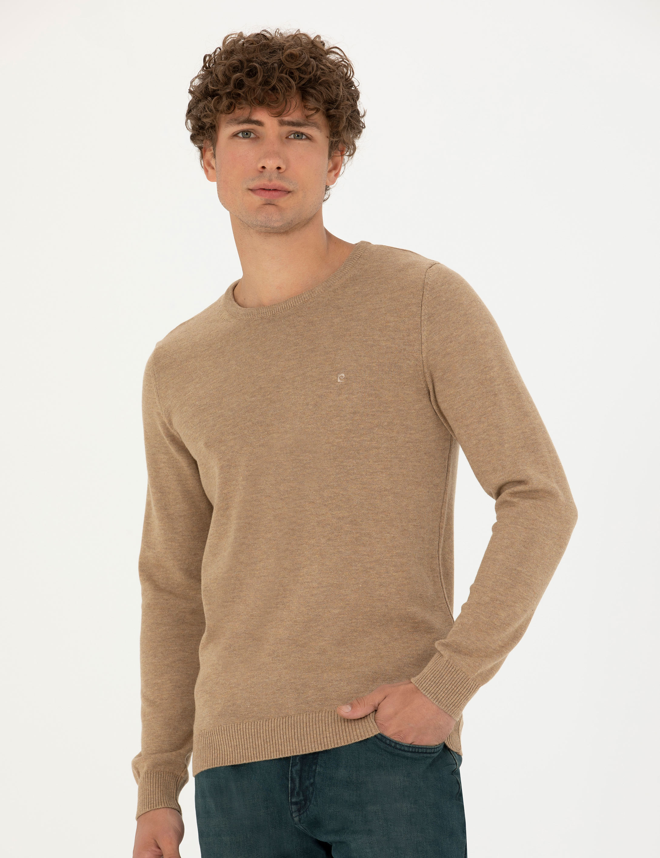 Pierre Cardin Camel Melanj Slim Fit Bisiklet Yaka Basic Triko Kazak görsel 3
