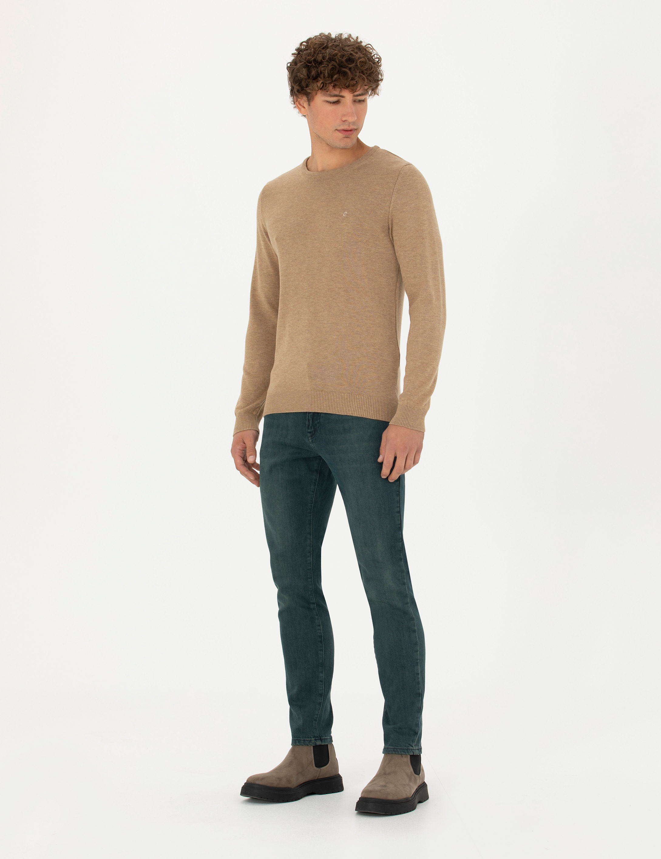 Pierre Cardin Camel Melanj Slim Fit Bisiklet Yaka Basic Triko Kazak görsel 4