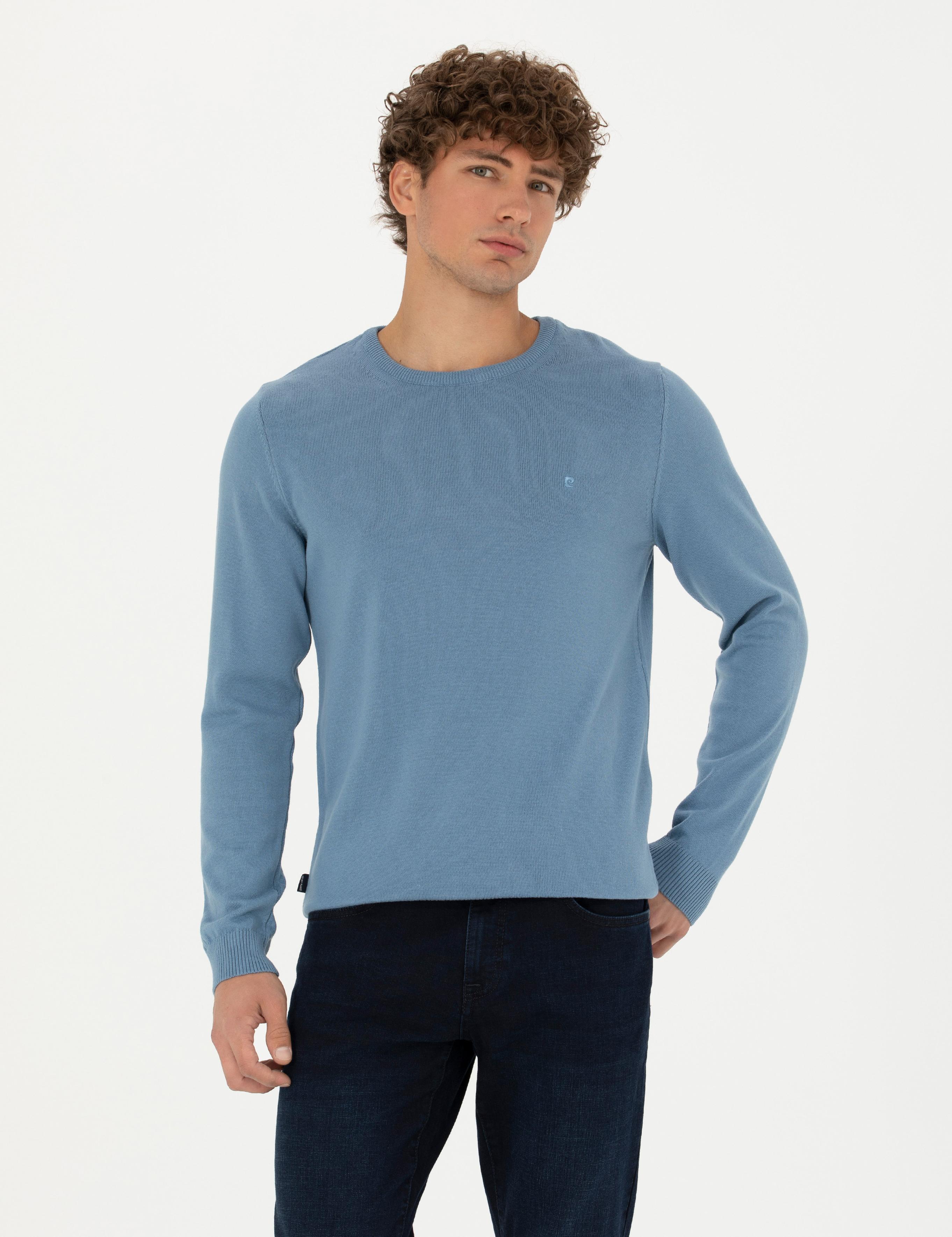 Koyu Mavi Slim Fit Bisiklet Yaka Basic Triko Kazak