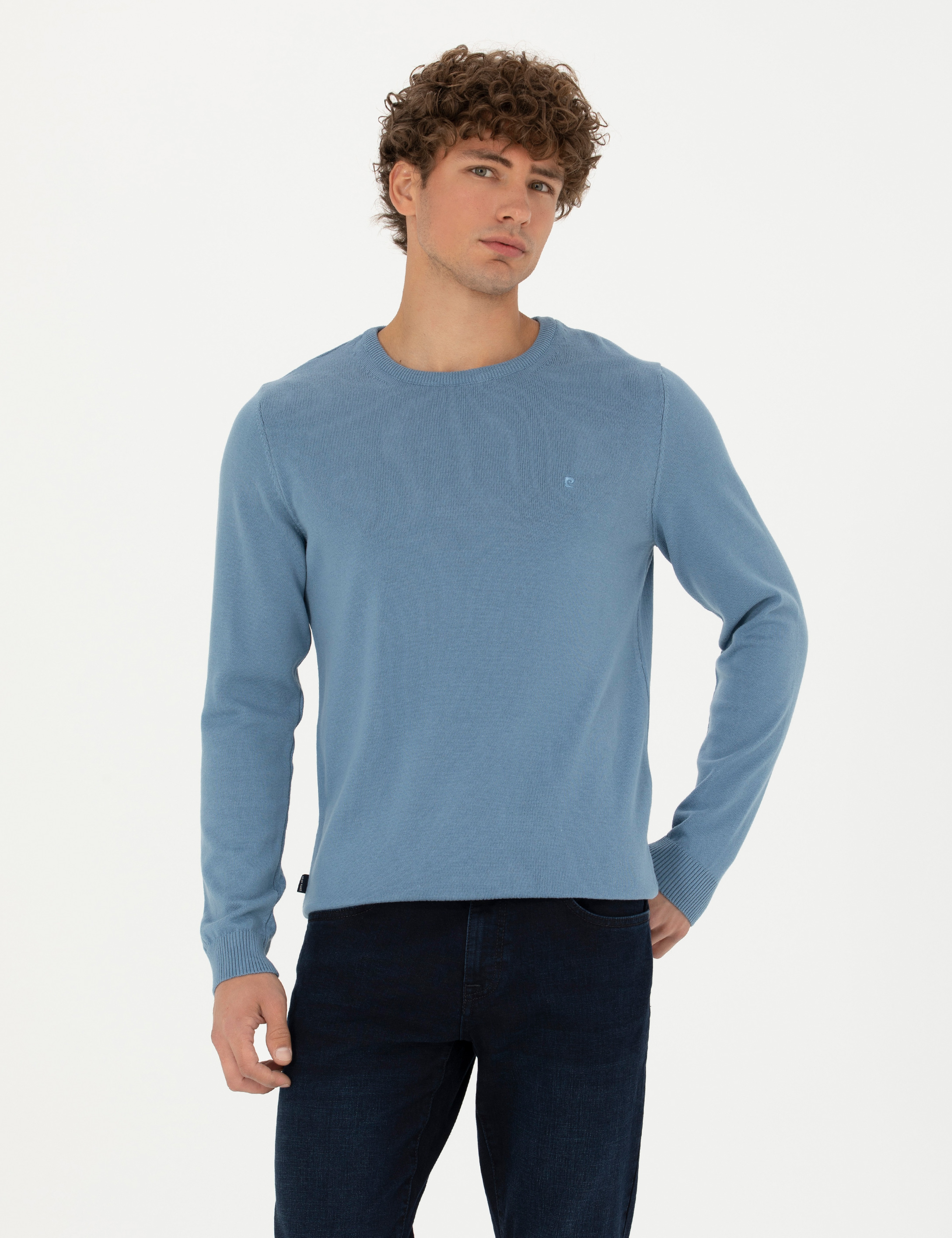 Koyu Mavi Slim Fit Bisiklet Yaka Basic Triko Kazak - Image 1