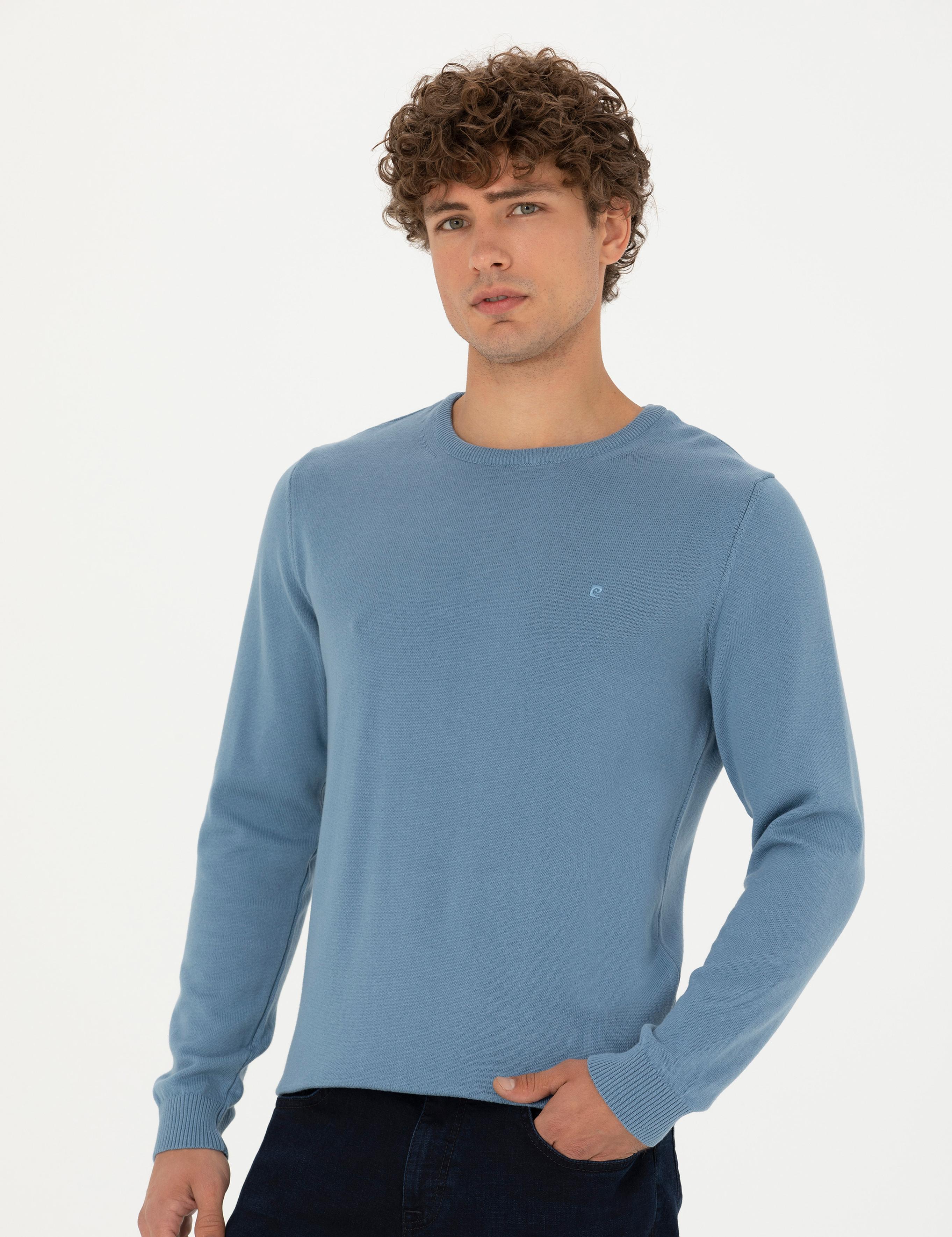 Koyu Mavi Slim Fit Bisiklet Yaka Basic Triko Kazak