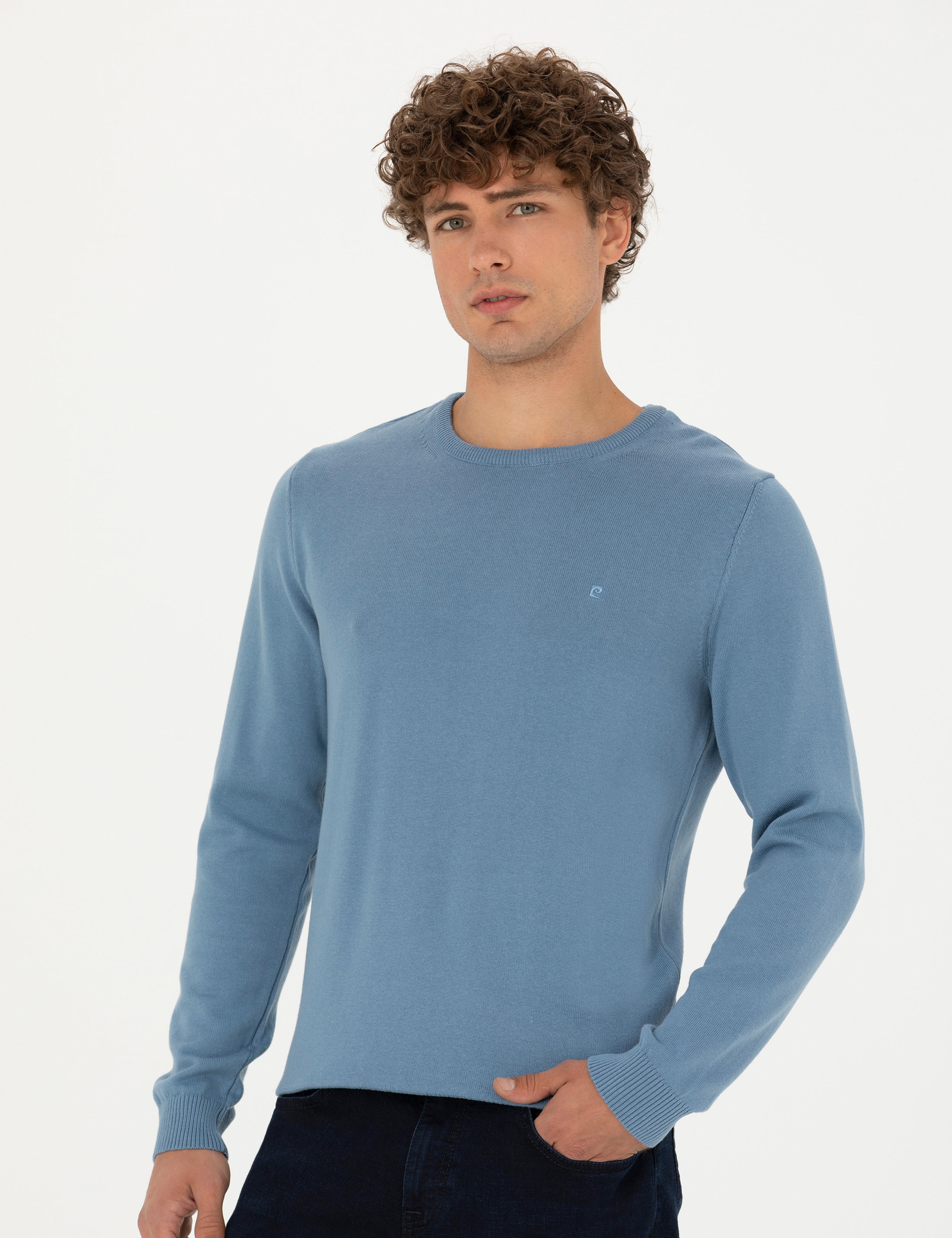 Koyu Mavi Slim Fit Bisiklet Yaka Basic Triko Kazak - Image 3