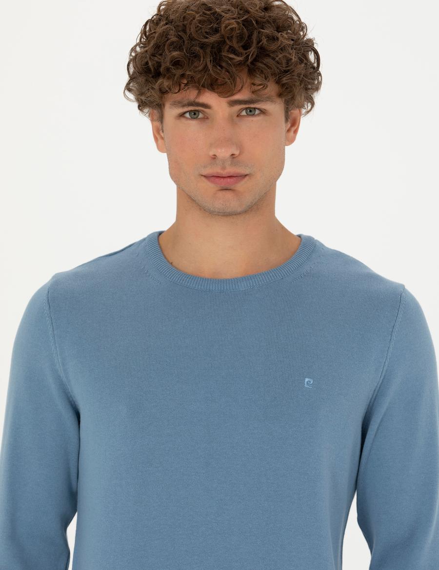 Koyu Mavi Slim Fit Bisiklet Yaka Basic Triko Kazak