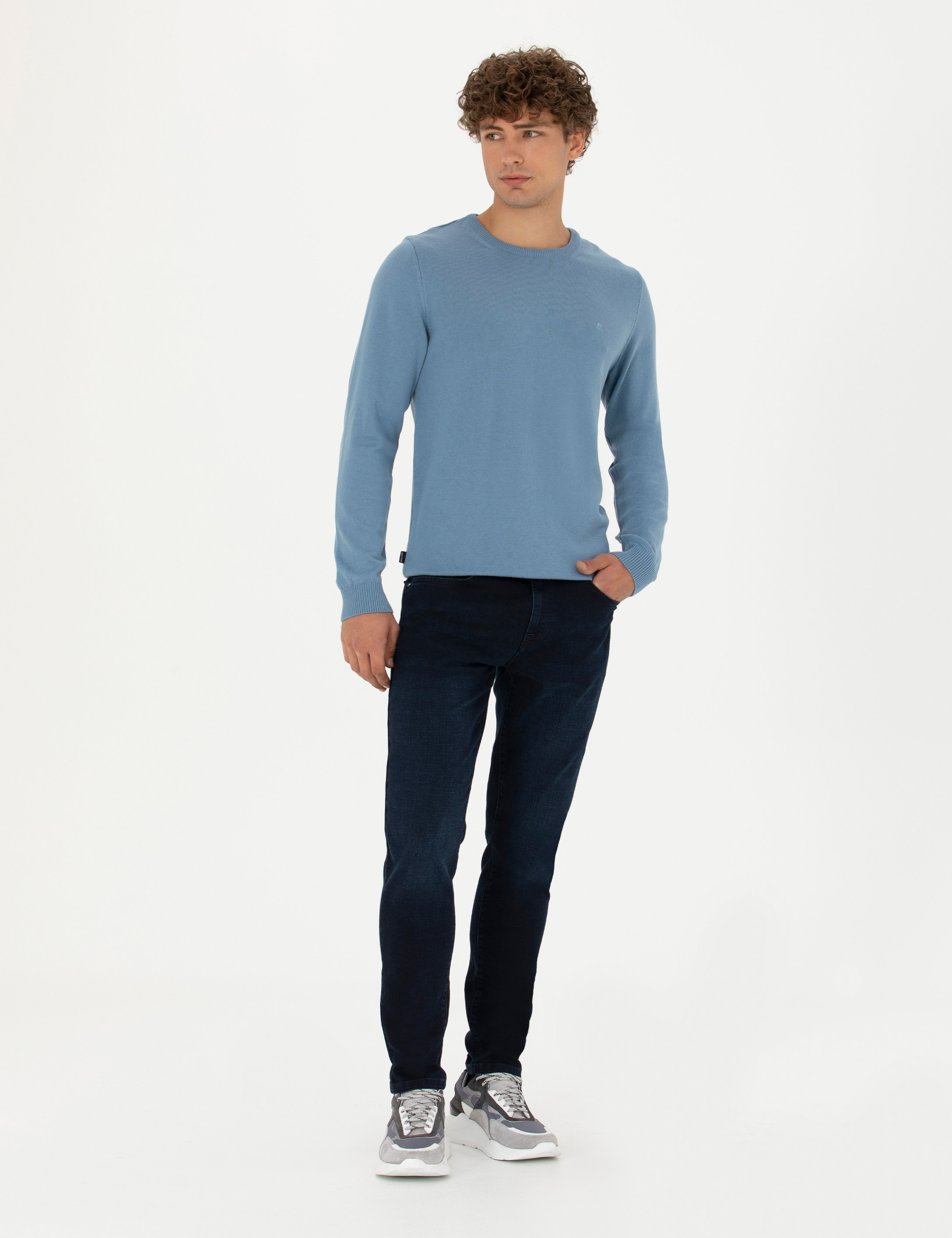 Koyu Mavi Slim Fit Bisiklet Yaka Basic Triko Kazak - Image 4