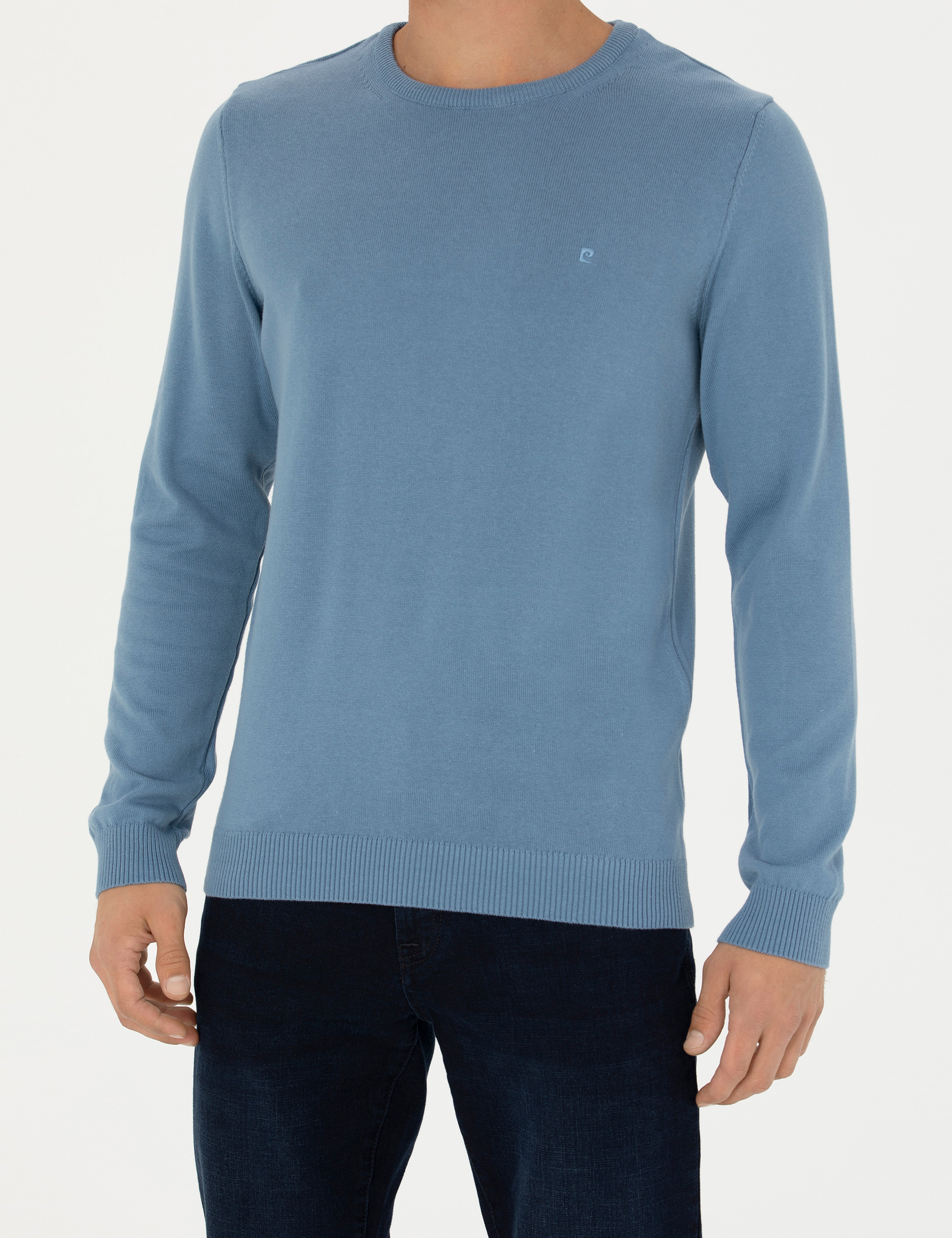 Koyu Mavi Slim Fit Bisiklet Yaka Basic Triko Kazak - Image 6