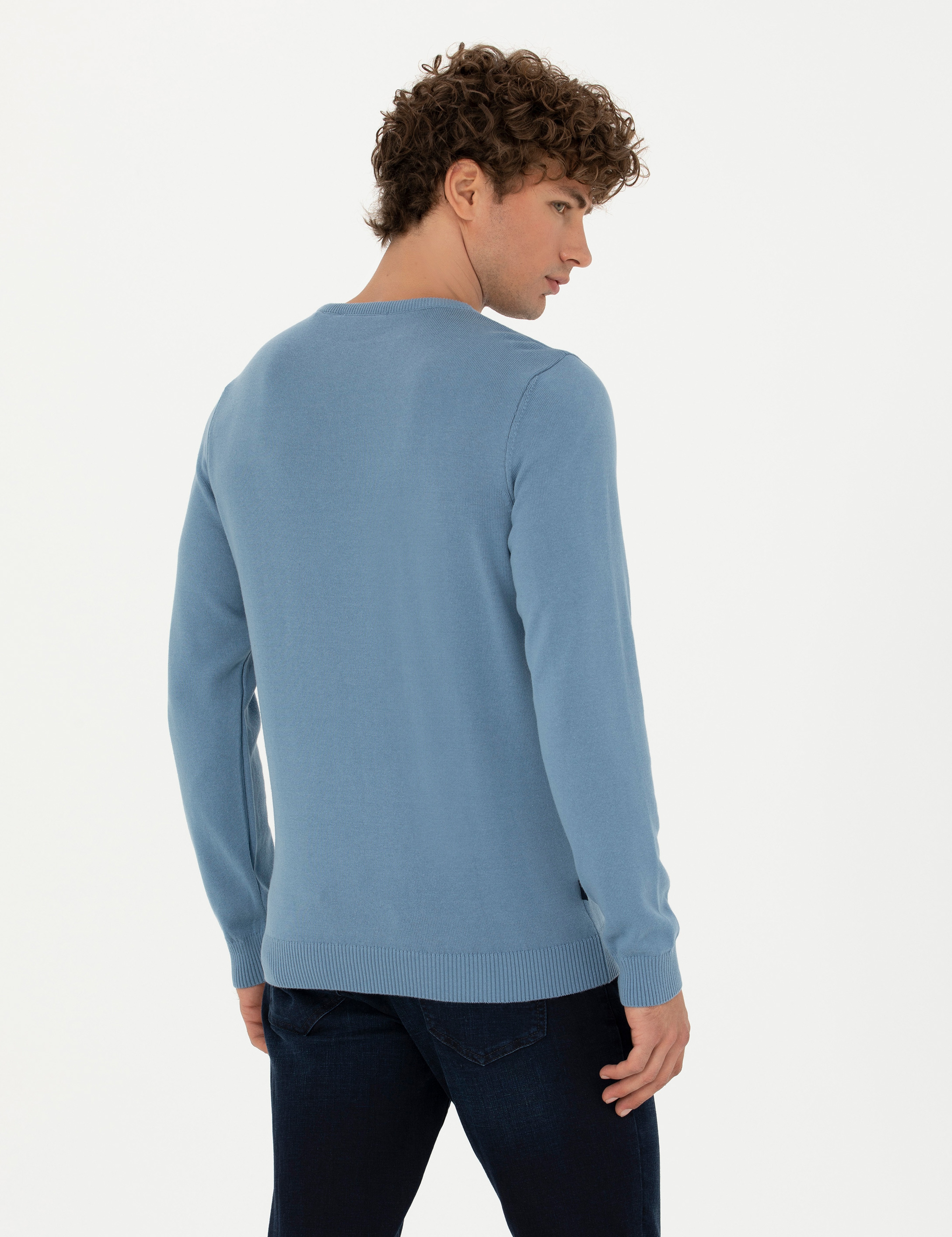 Koyu Mavi Slim Fit Bisiklet Yaka Basic Triko Kazak - Image 5