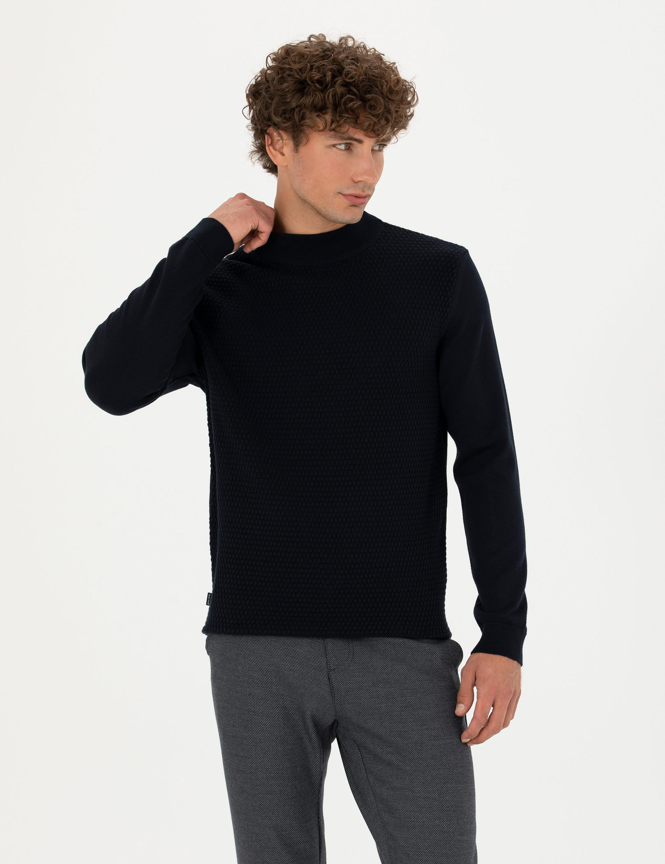 Lacivert Slim Fit Yarım Balıkçı Yaka Triko Kazak