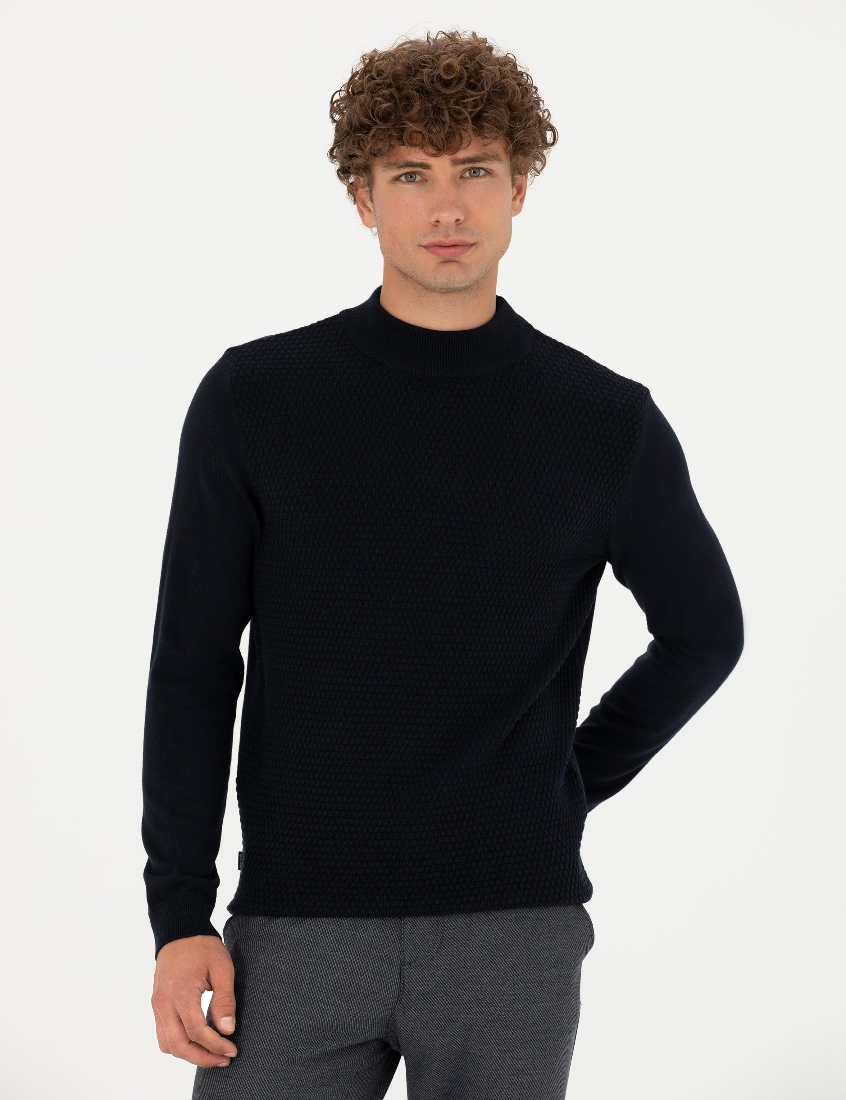 Lacivert Slim Fit Yarım Balıkçı Yaka Triko Kazak