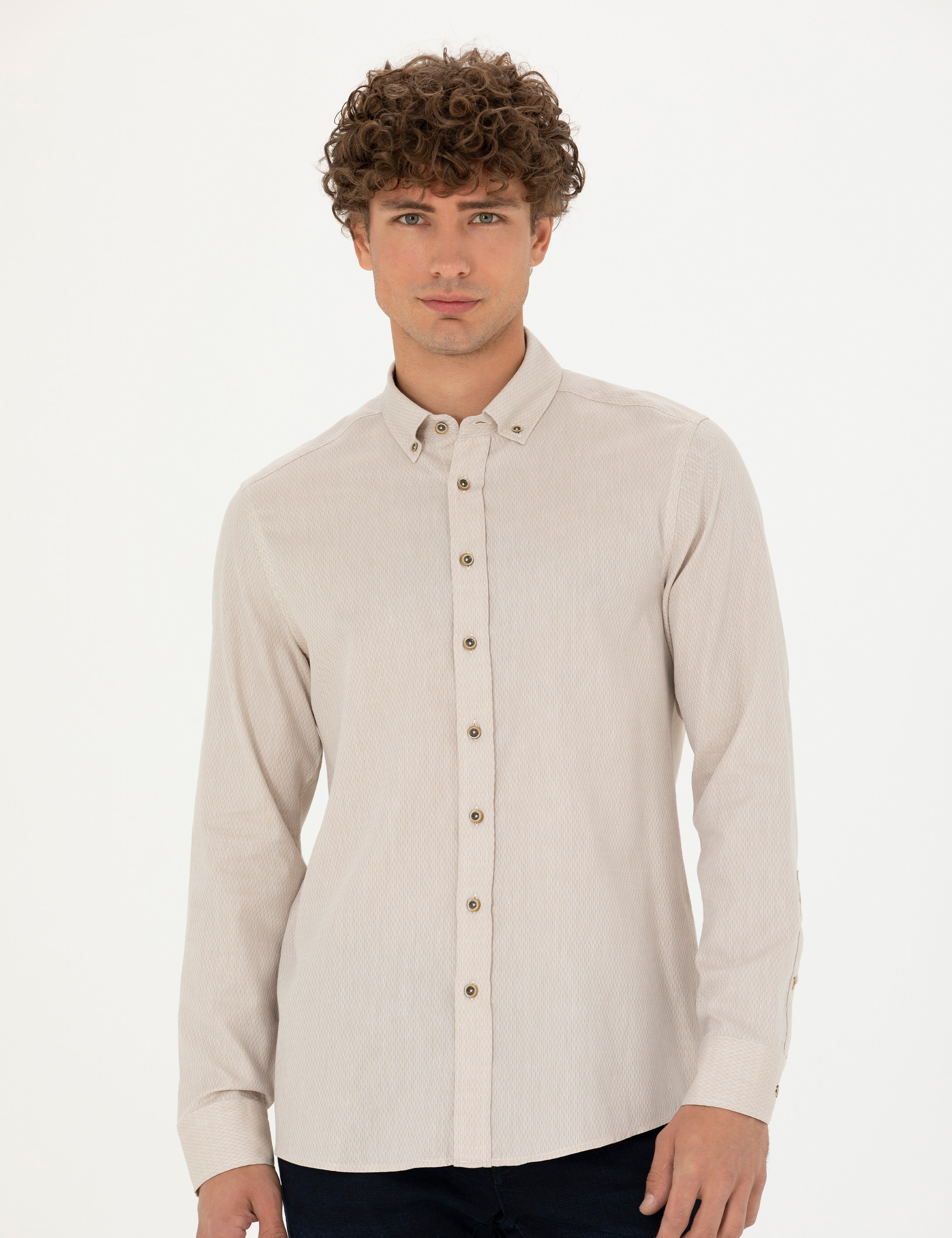 Bej Slim Fit Uzun Kollu Gömlek - Image 3
