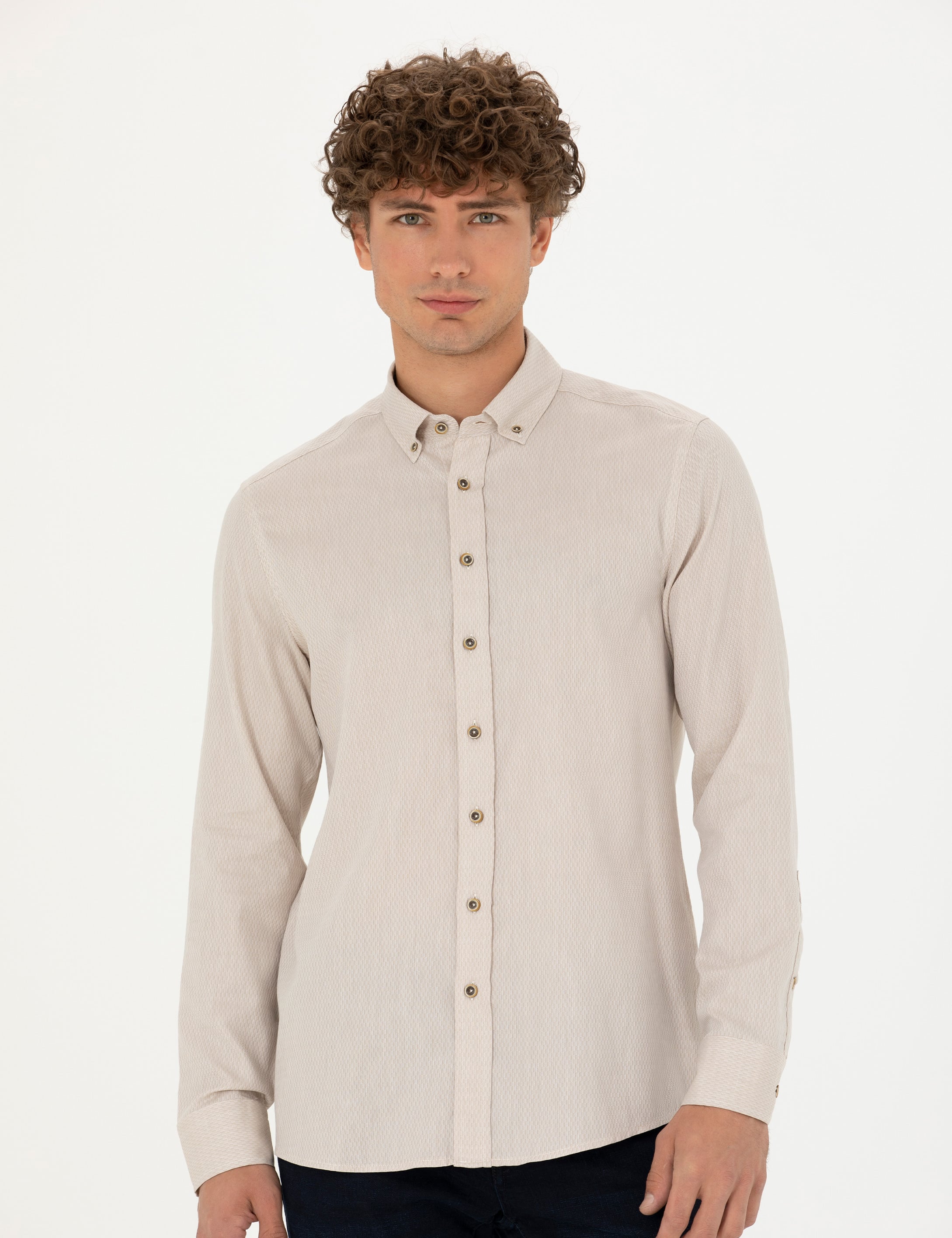 Bej Slim Fit Uzun Kollu Gömlek