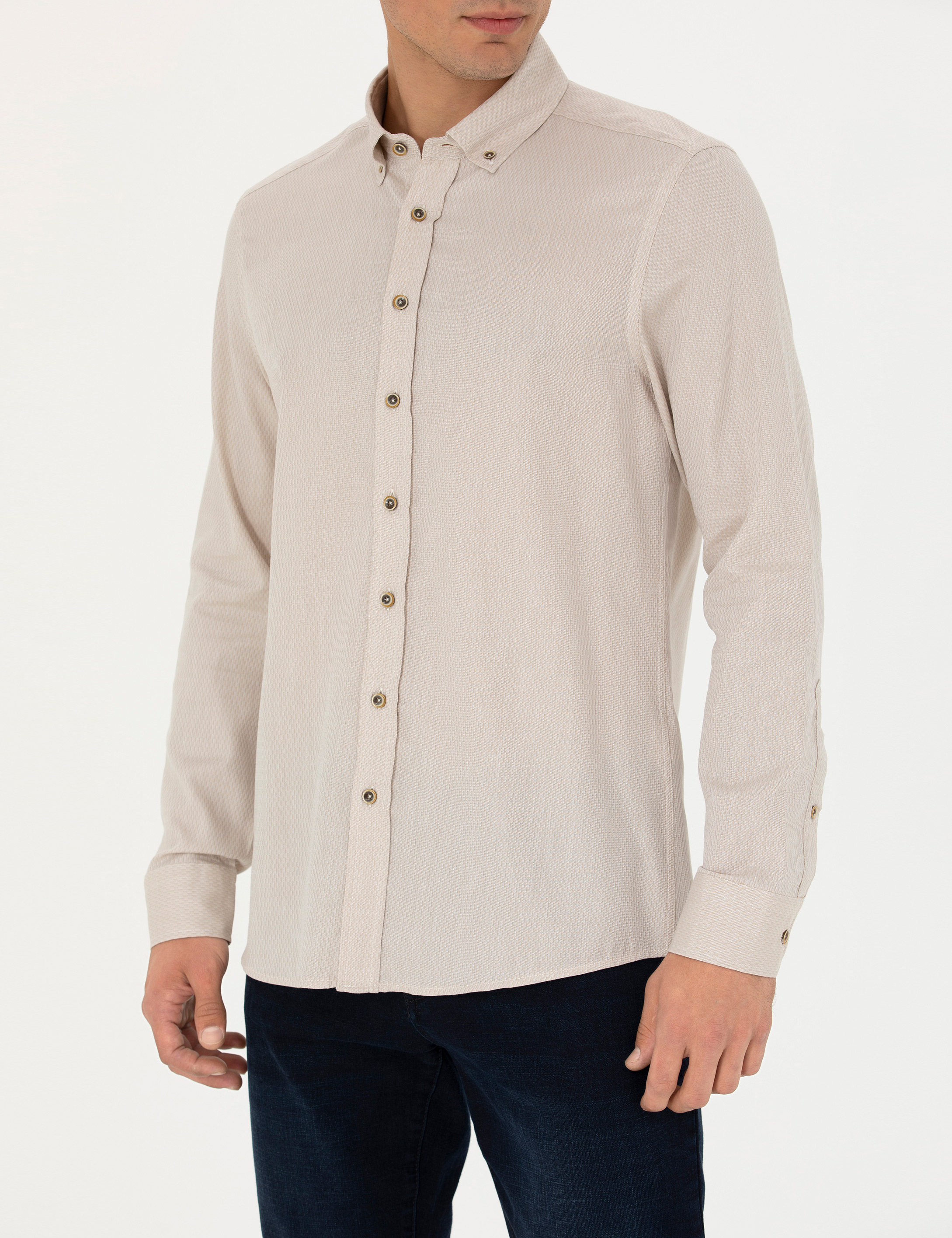 Bej Slim Fit Uzun Kollu Gömlek - Image 6