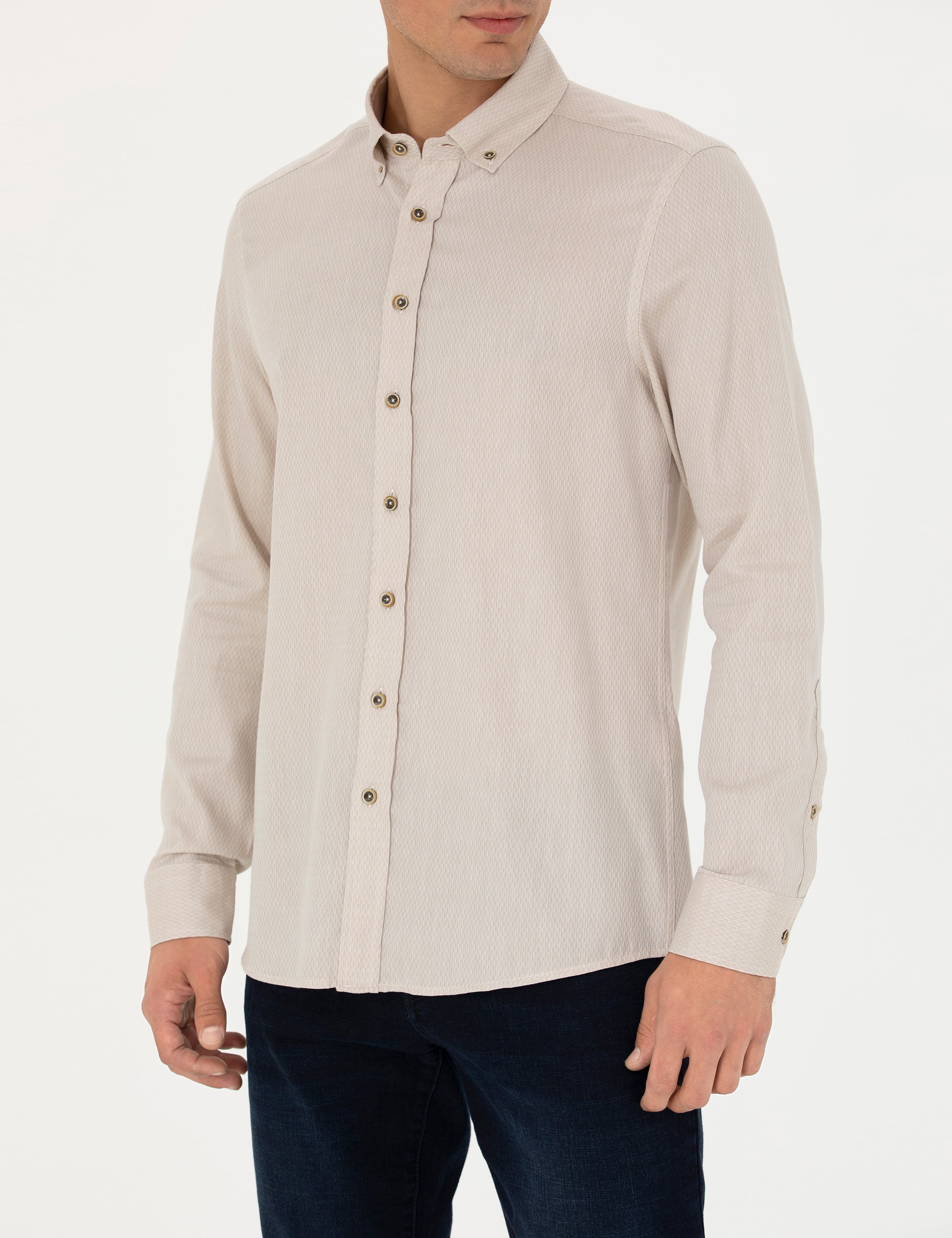 Bej Slim Fit Uzun Kollu Gömlek