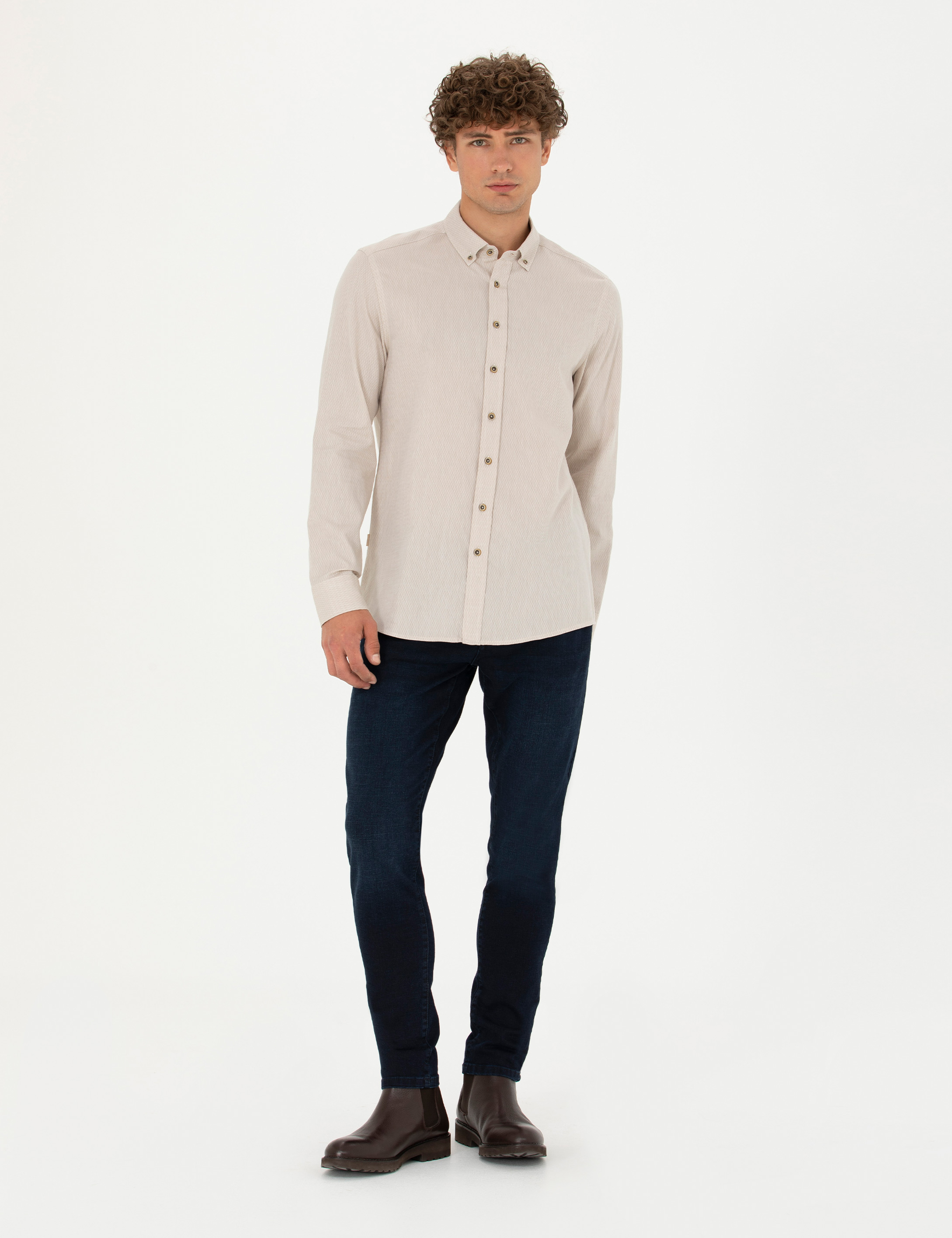 Bej Slim Fit Uzun Kollu Gömlek - Image 4