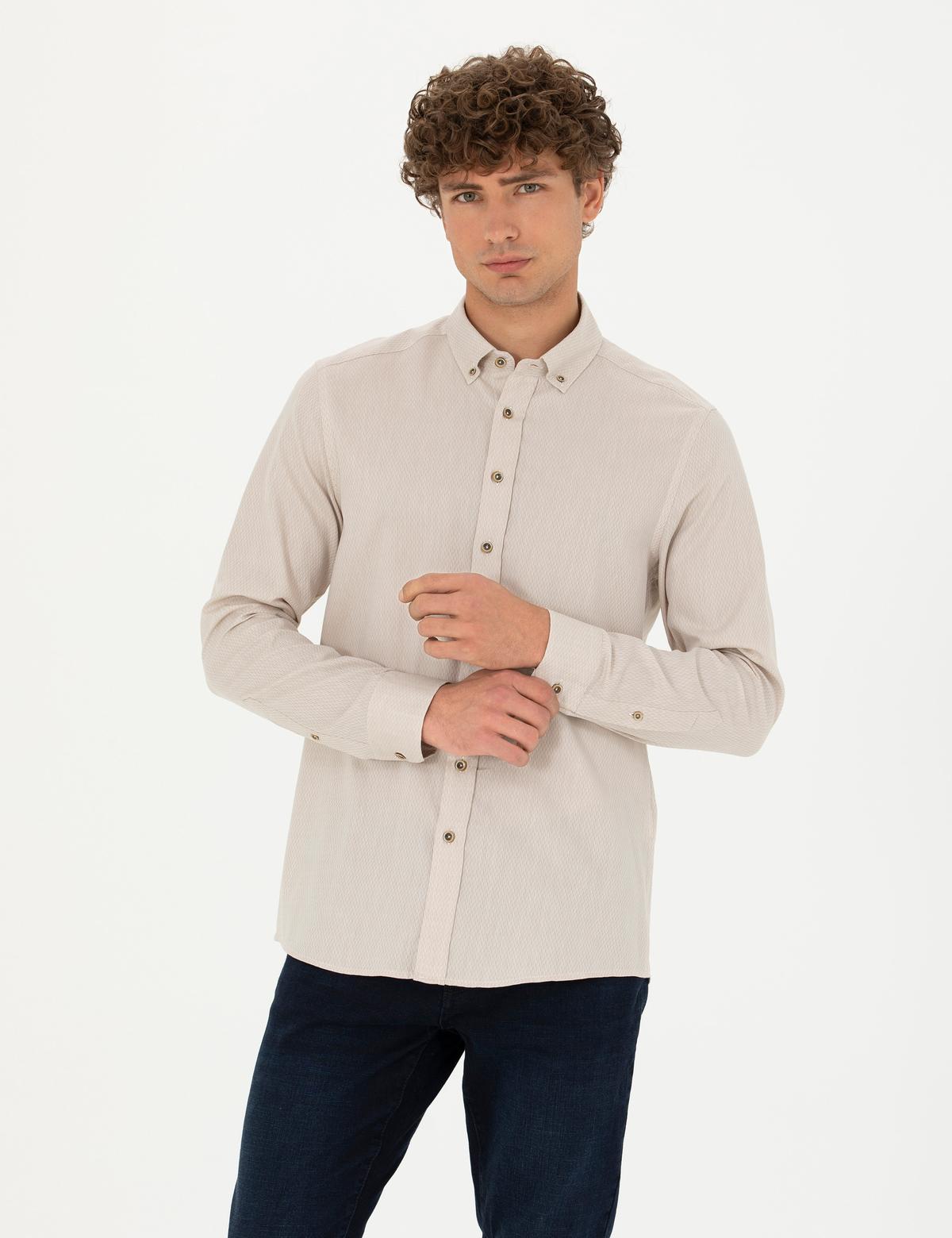 Bej Slim Fit Uzun Kollu Gömlek