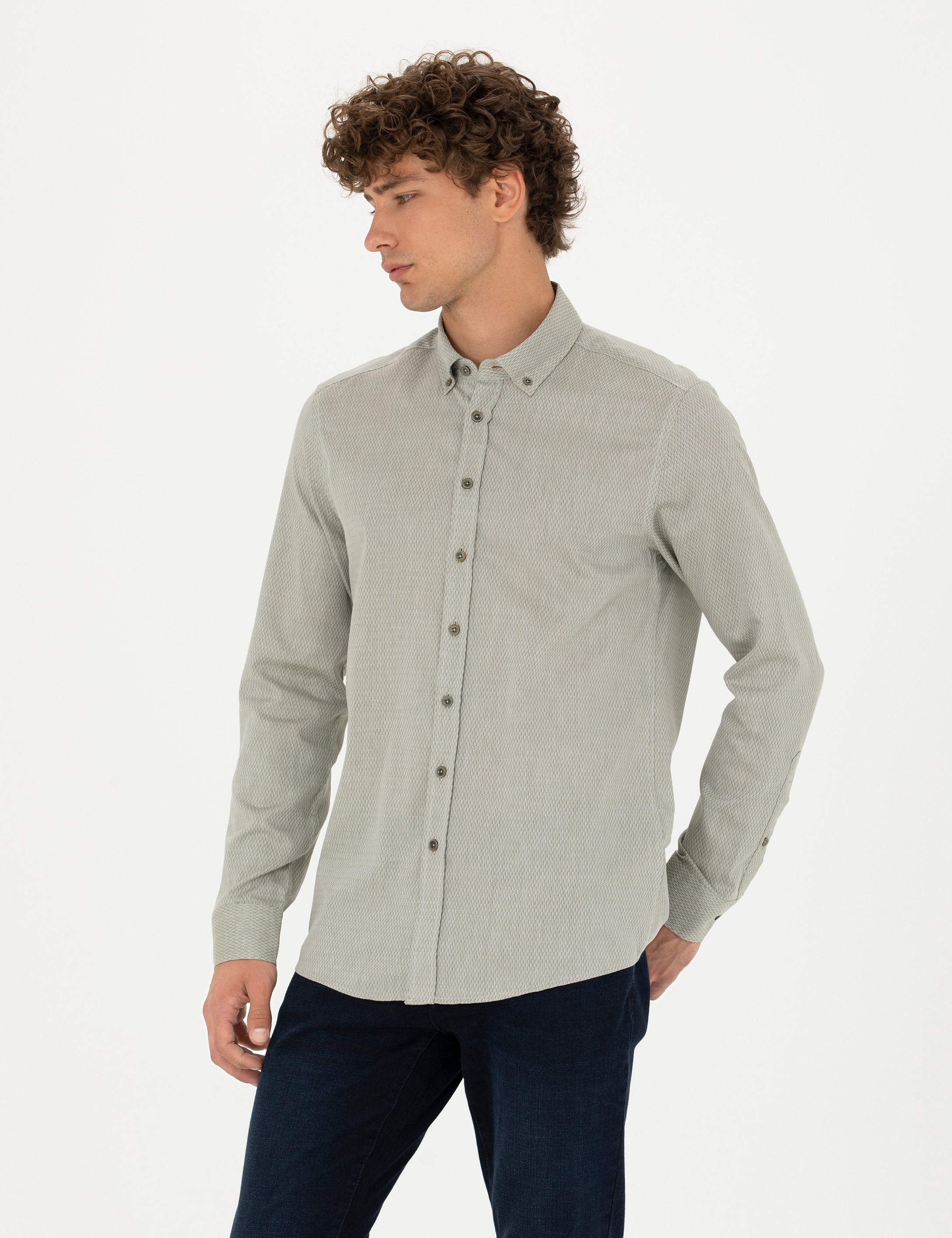 Haki Slim Fit Uzun Kollu Gömlek - Image 3