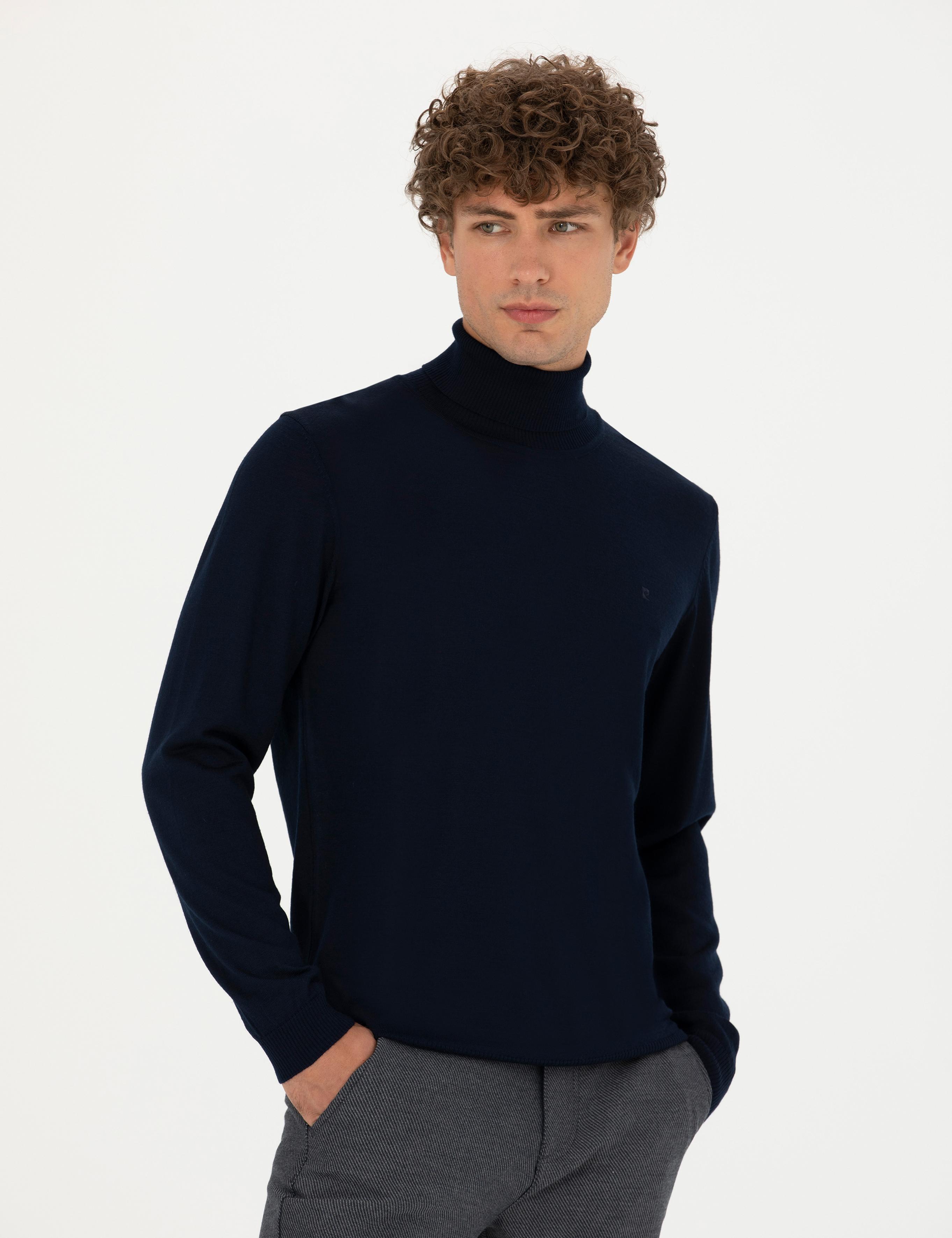 Lacivert Slim Fit Balıkçı Yaka Yün Karışımlı Basic Triko Kazak