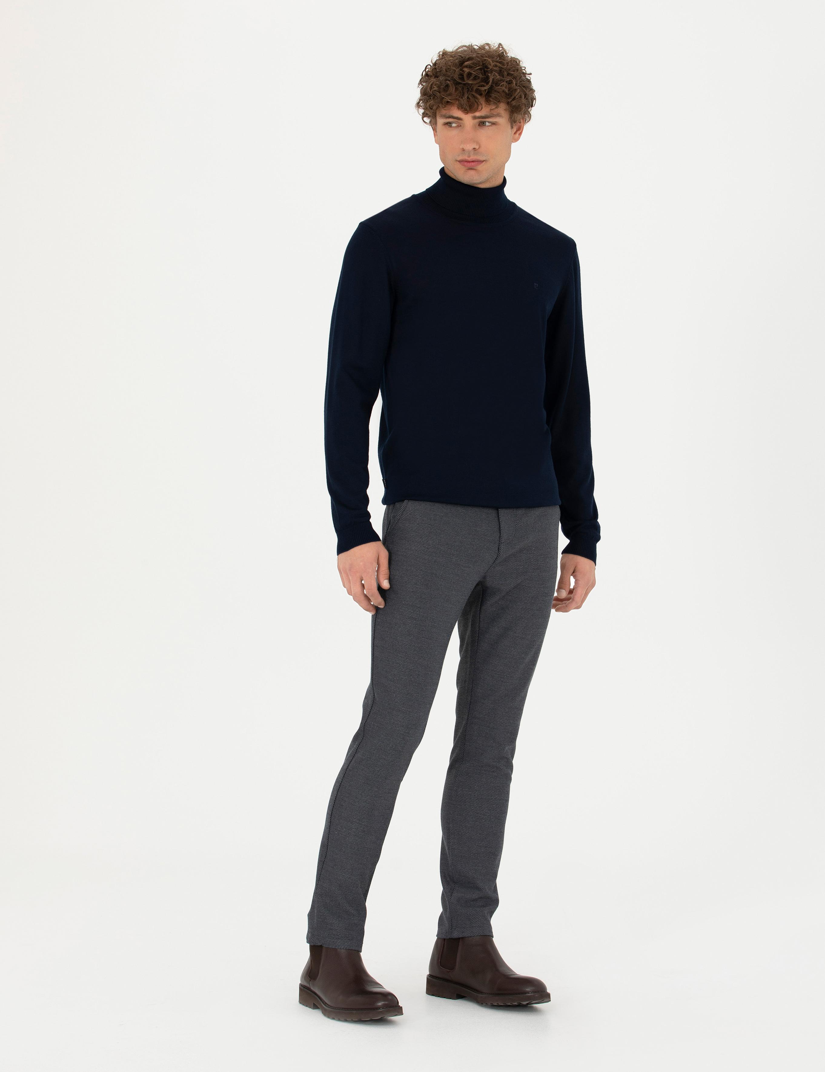 Lacivert Slim Fit Balıkçı Yaka Yün Karışımlı Basic Triko Kazak