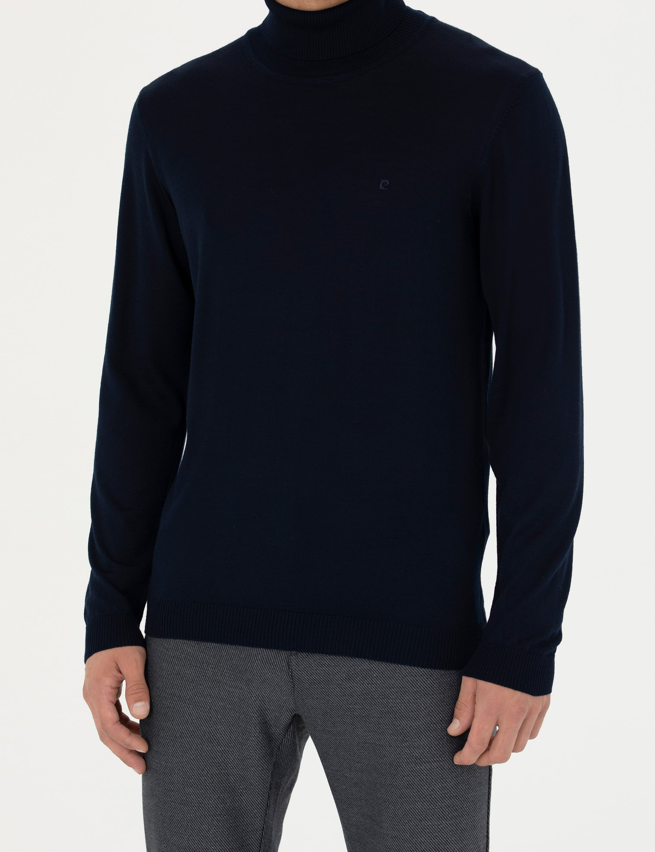 Lacivert Slim Fit Balıkçı Yaka Yün Karışımlı Basic Triko Kazak