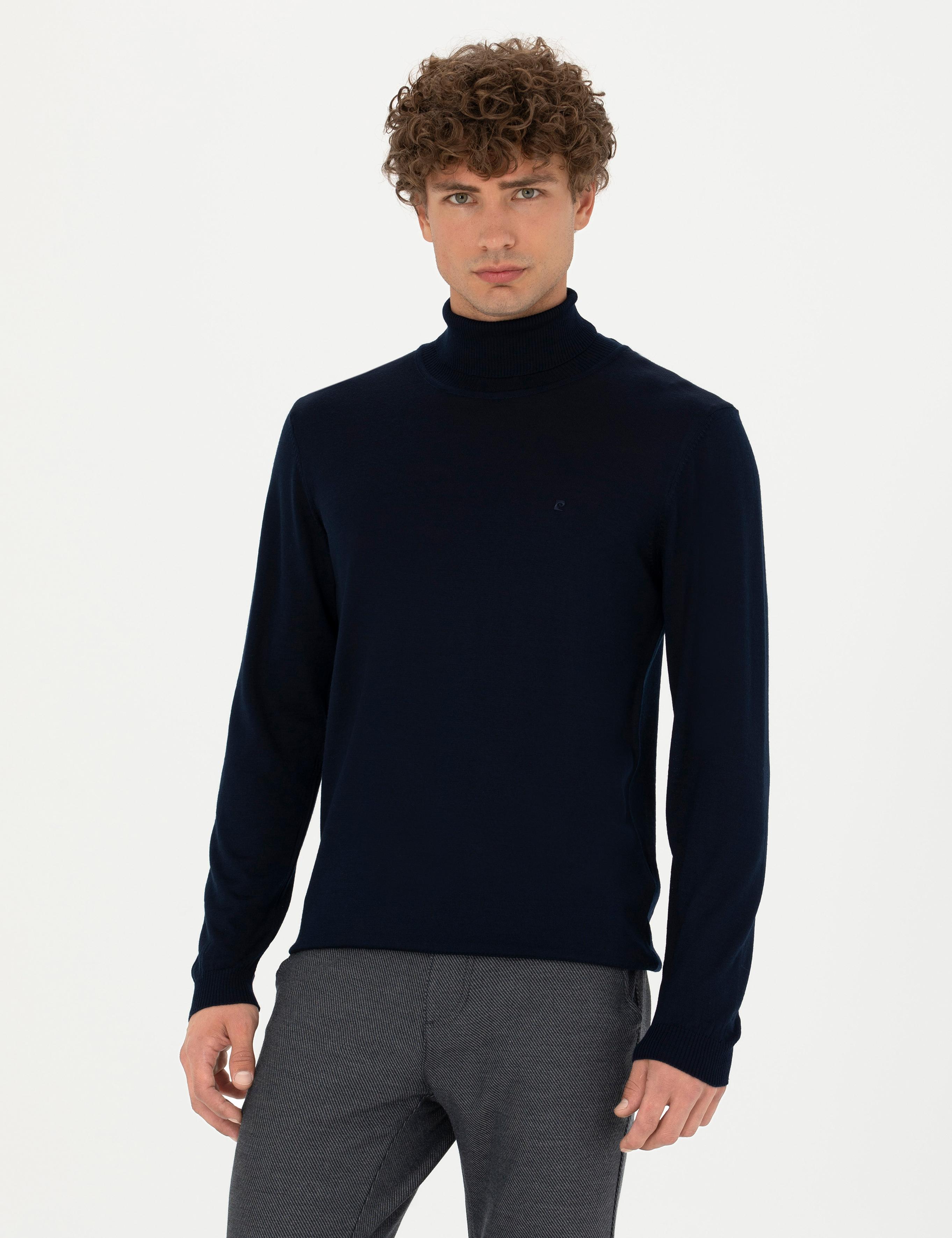 Lacivert Slim Fit Balıkçı Yaka Yün Karışımlı Basic Triko Kazak