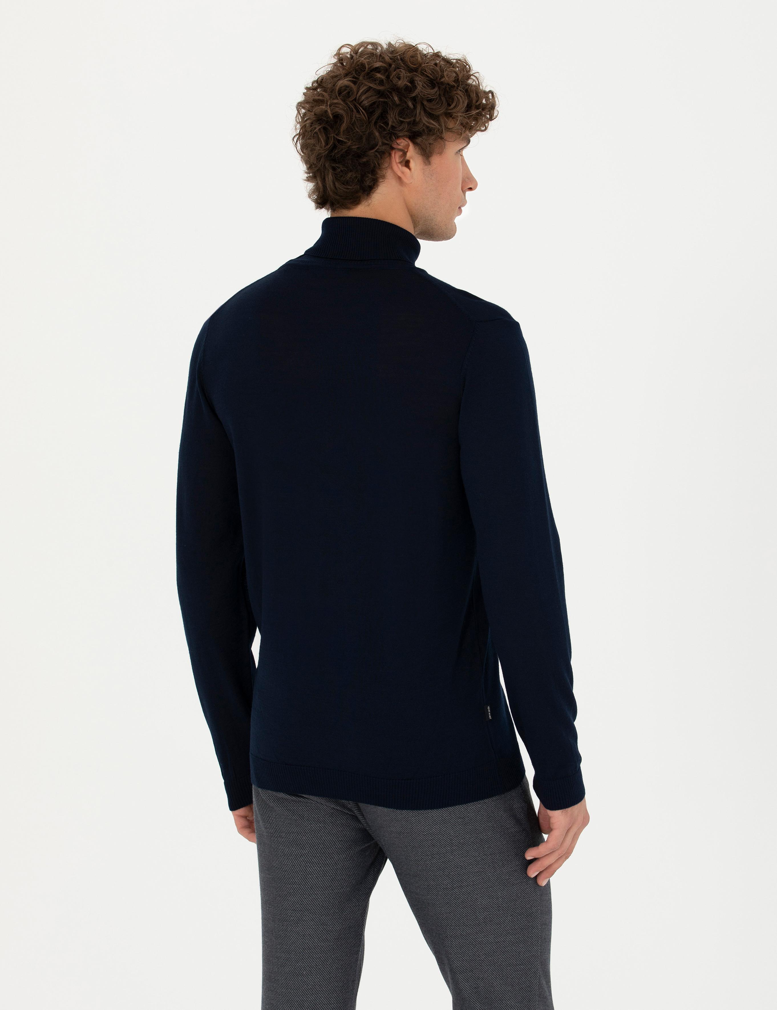 Lacivert Slim Fit Balıkçı Yaka Yün Karışımlı Basic Triko Kazak