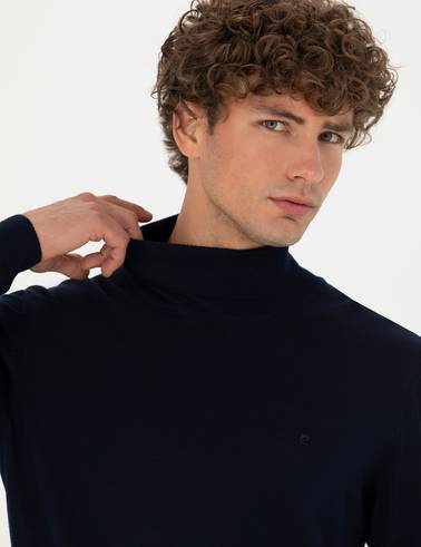 Lacivert Slim Fit Balıkçı Yaka Yün Karışımlı Basic Triko Kazak