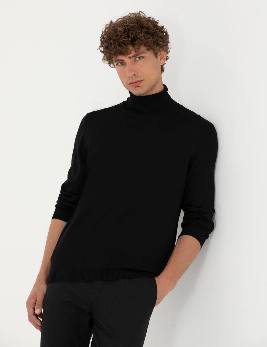 Siyah Slim Fit Balıkçı Yaka Yün Karışımlı Basic Triko Kazak