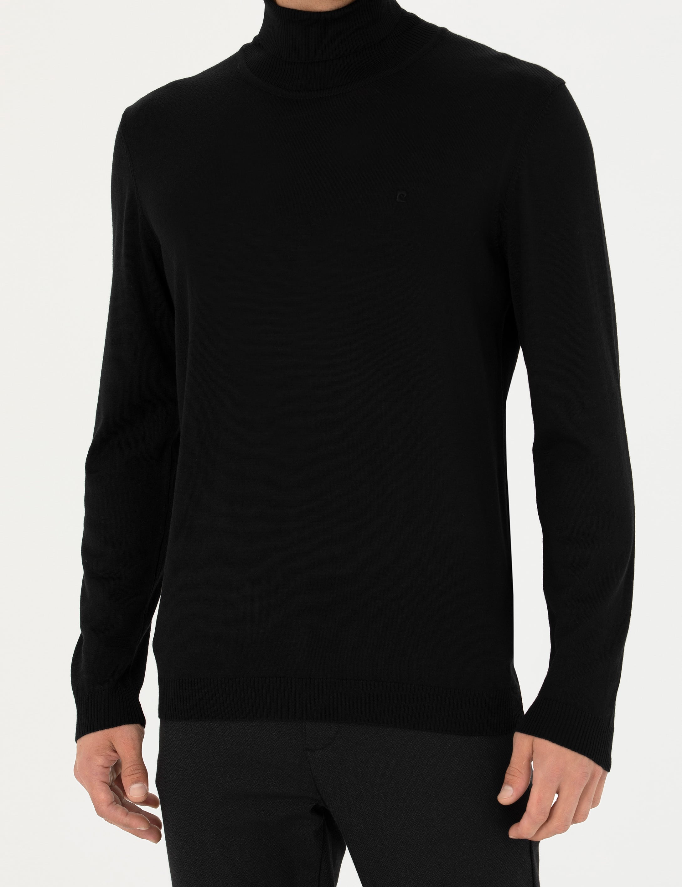 Siyah Slim Fit Balıkçı Yaka Yün Karışımlı Basic Triko Kazak
