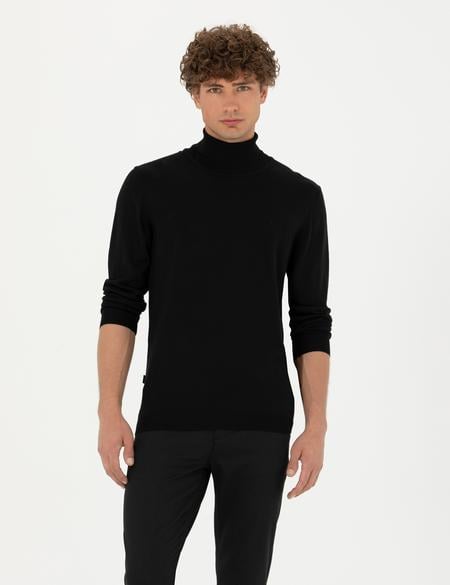 Siyah Slim Fit Balıkçı Yaka Yün Karışımlı Basic Triko Kazak - 50270052041