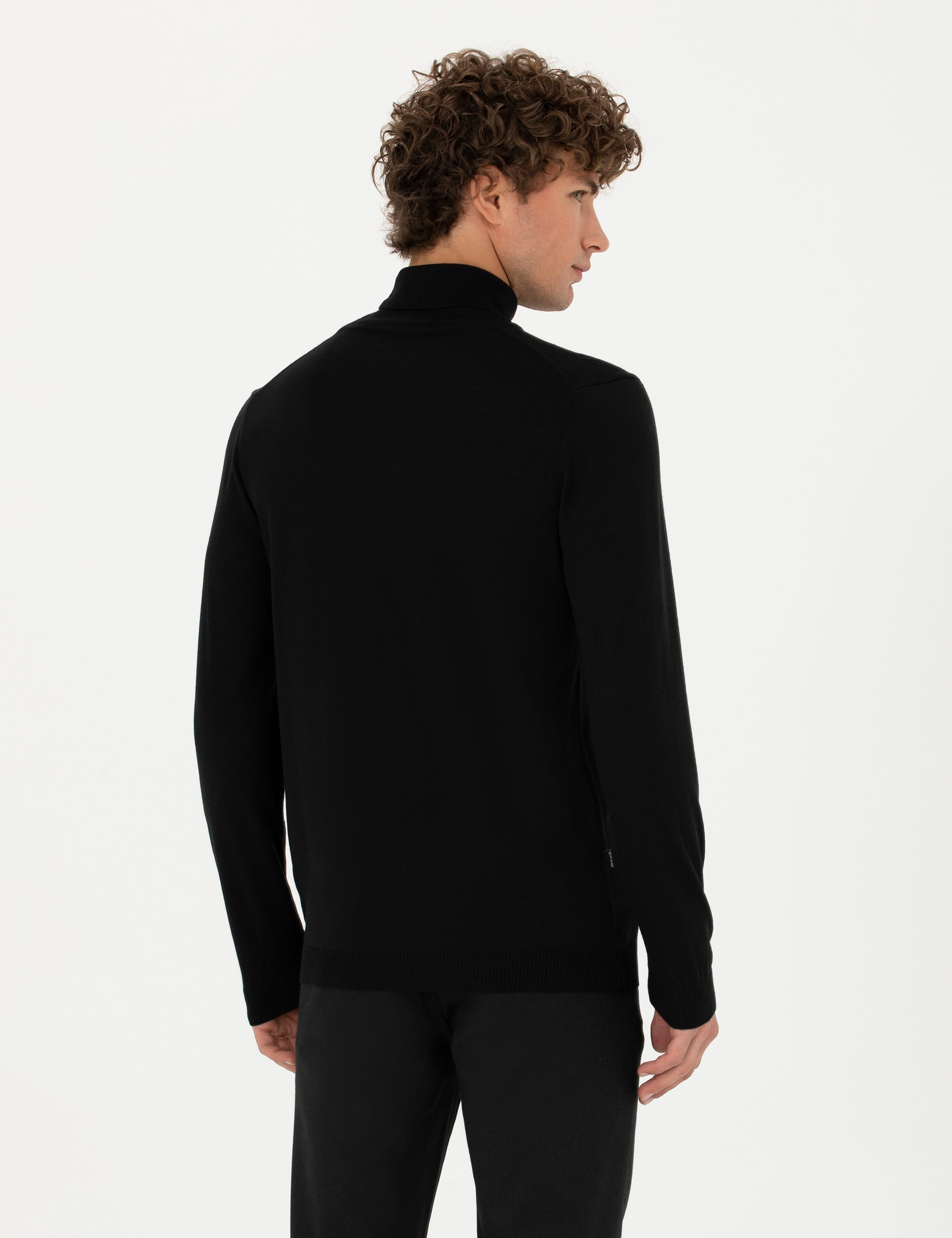 Siyah Slim Fit Balıkçı Yaka Yün Karışımlı Basic Triko Kazak