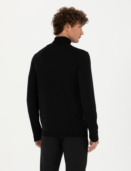 Siyah Slim Fit Balıkçı Yaka Yün Karışımlı Basic Triko Kazak - 50270052041