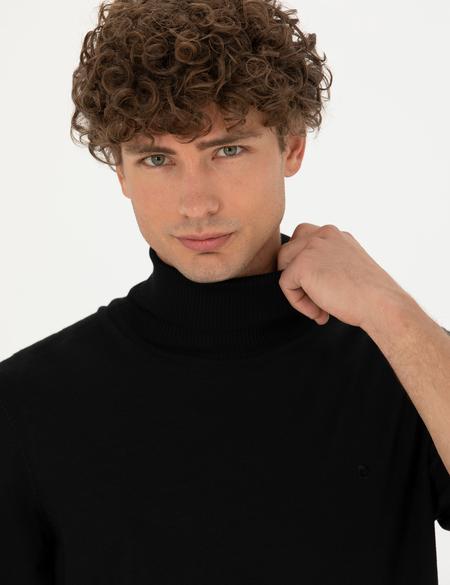 Siyah Slim Fit Balıkçı Yaka Yün Karışımlı Basic Triko Kazak - 50270052041