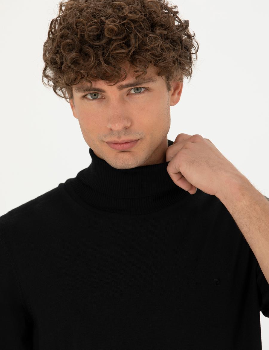 Siyah Slim Fit Balıkçı Yaka Yün Karışımlı Basic Triko Kazak