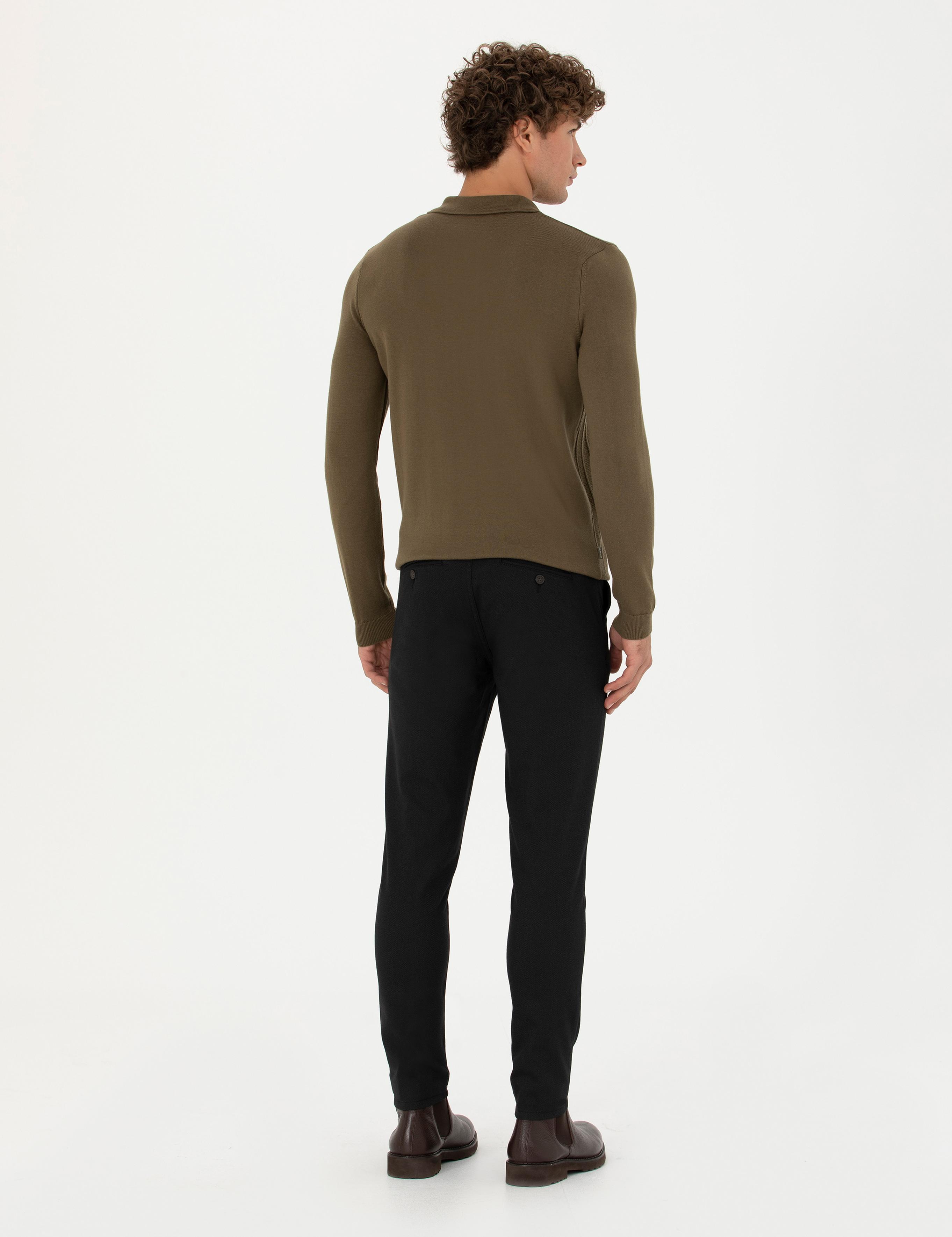 Siyah Armürlü Slim Fit Kanvas Pantolon