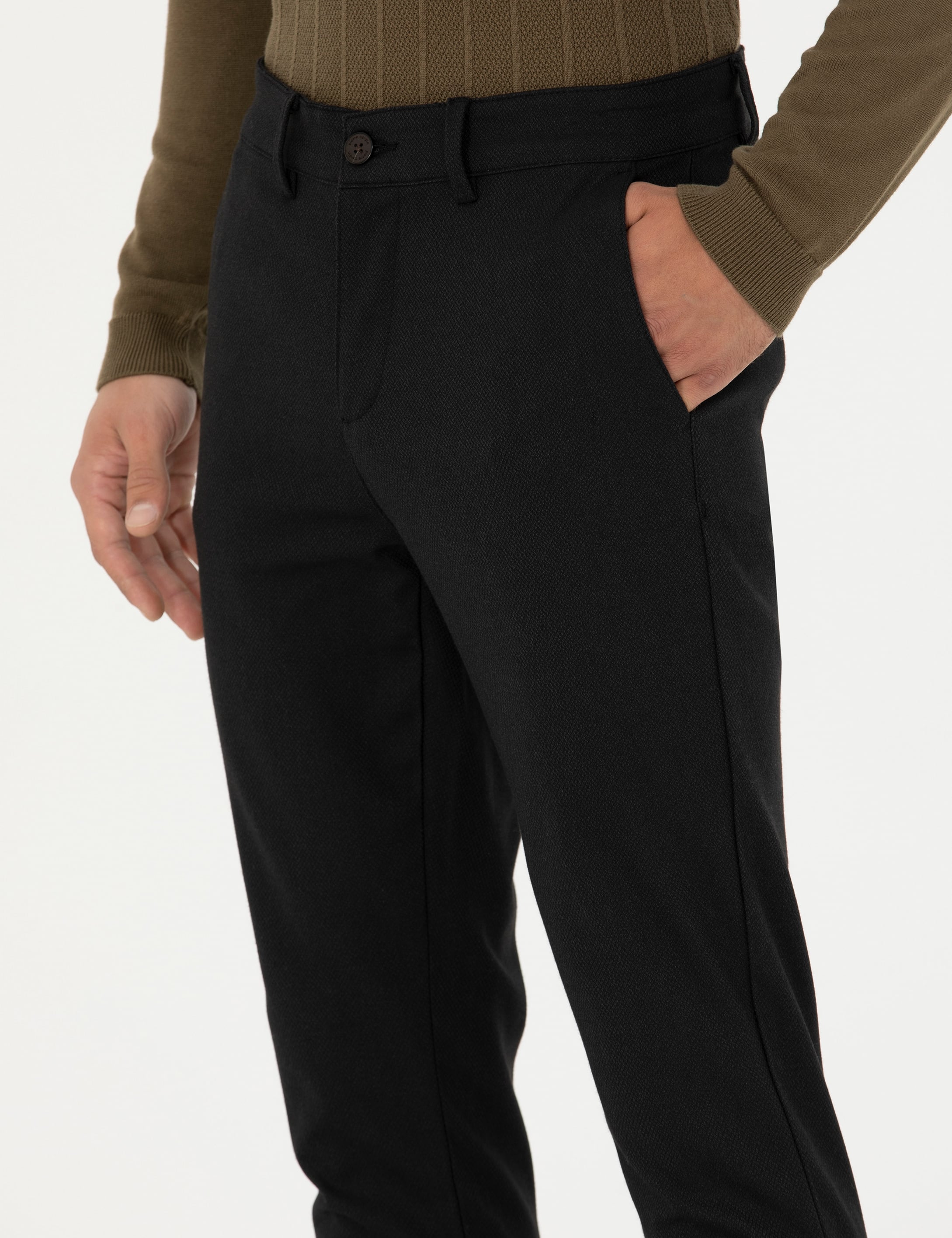 Siyah Armürlü Slim Fit Kanvas Pantolon