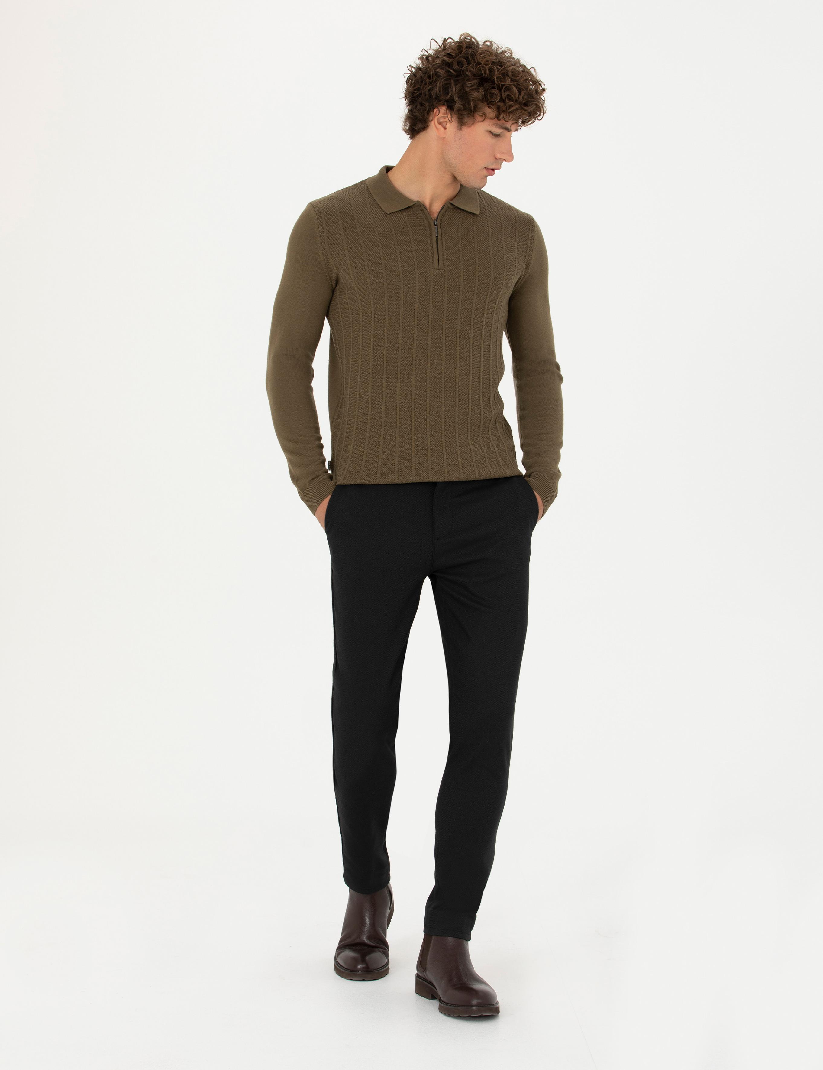 Siyah Armürlü Slim Fit Kanvas Pantolon