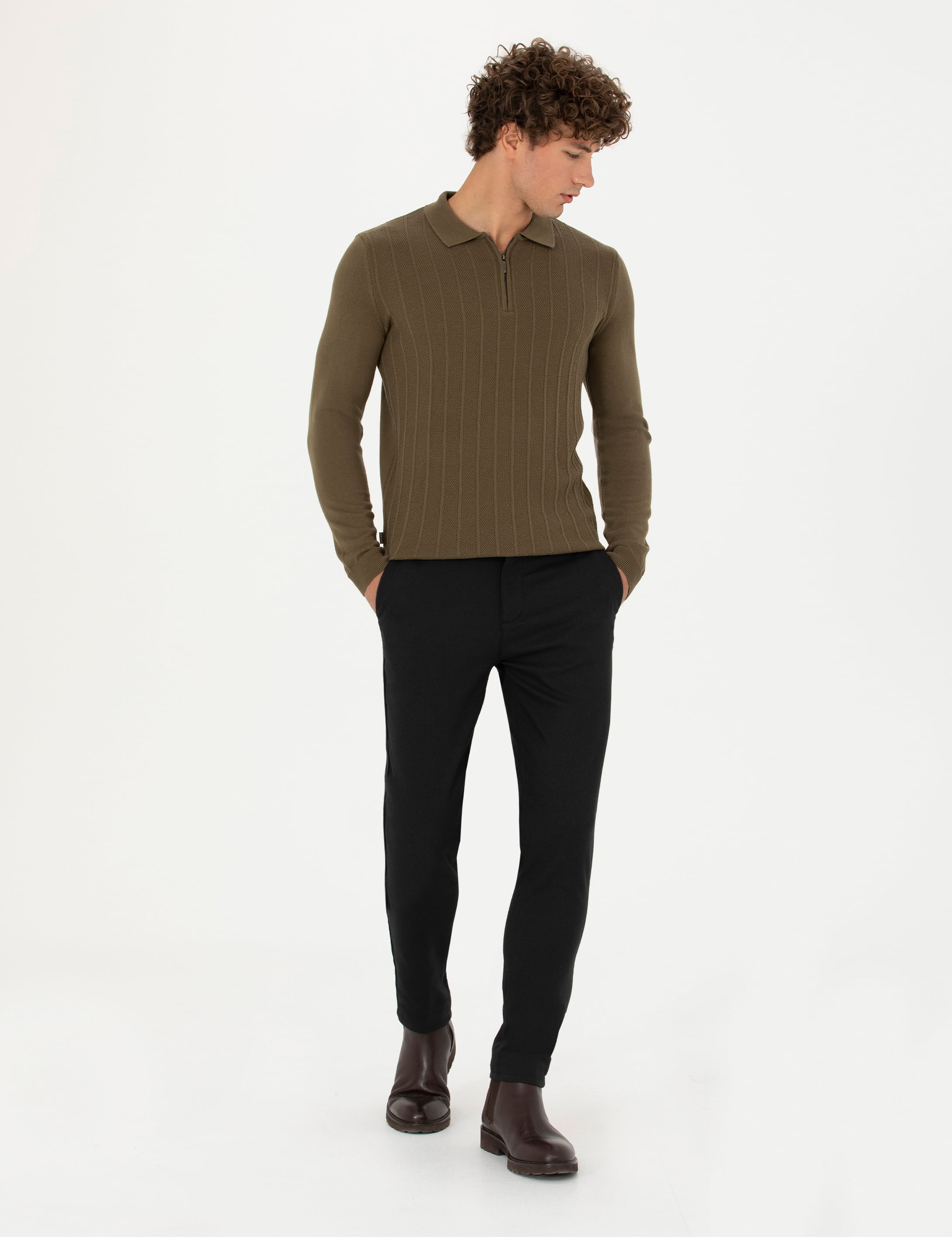 Siyah Armürlü Slim Fit Kanvas Pantolon - Image 1