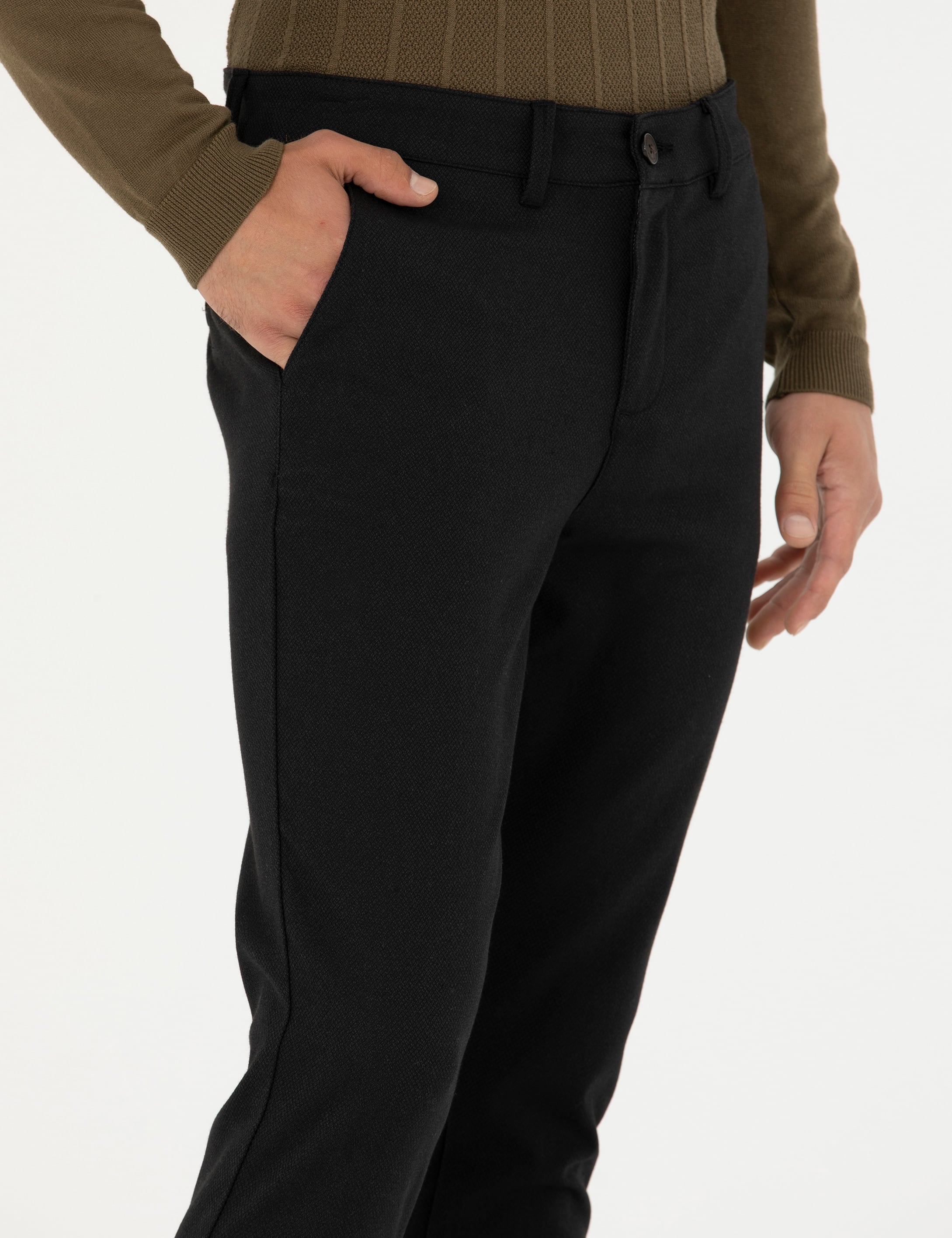 Siyah Armürlü Slim Fit Kanvas Pantolon - Image 5