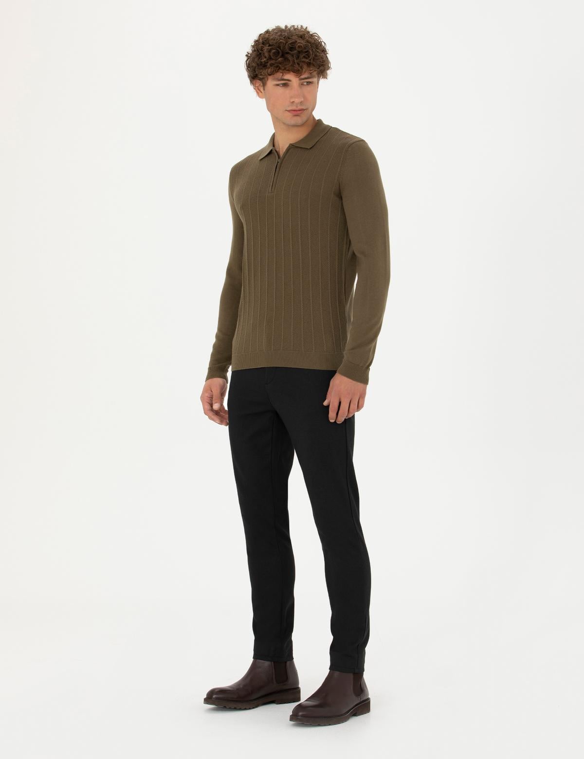 Siyah Armürlü Slim Fit Kanvas Pantolon - 50276720095