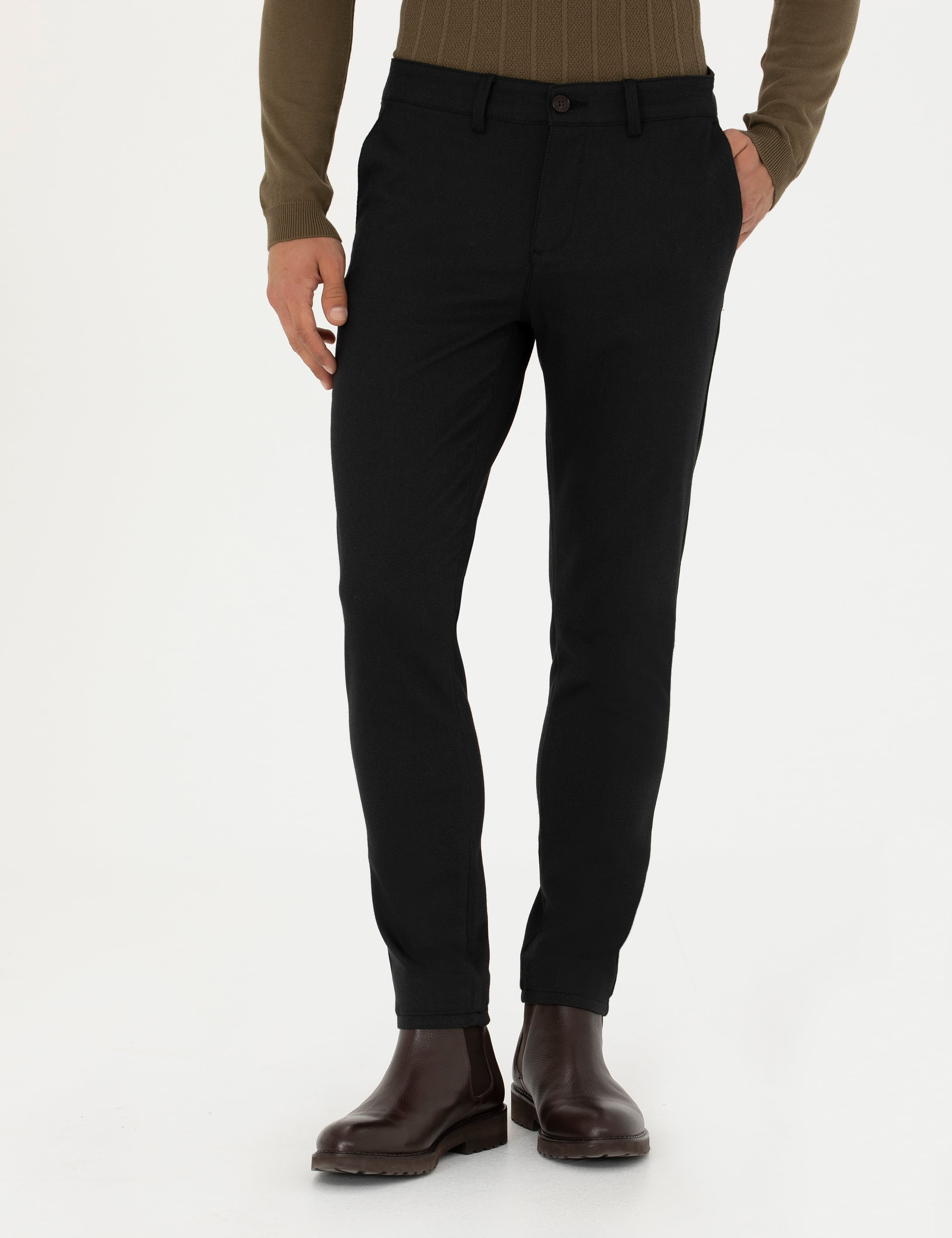 Siyah Armürlü Slim Fit Kanvas Pantolon