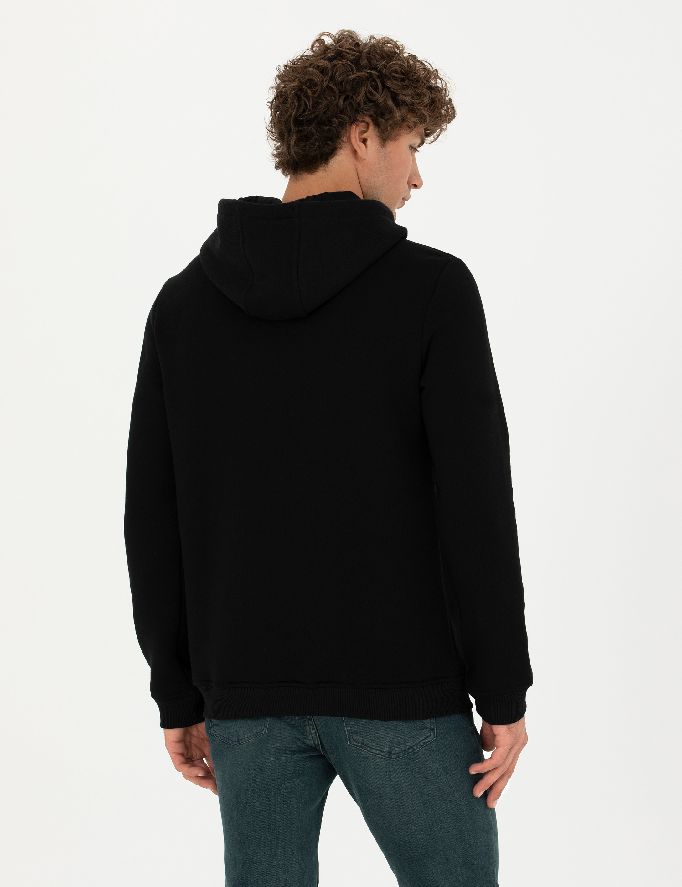 Siyah Regular Fit Kapüşonlu Sweatshirt - Image 5