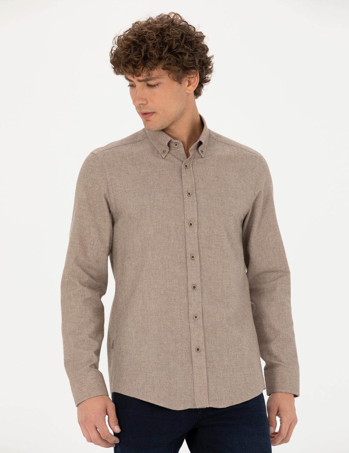 Bej Slim Fit Uzun Kollu Gömlek