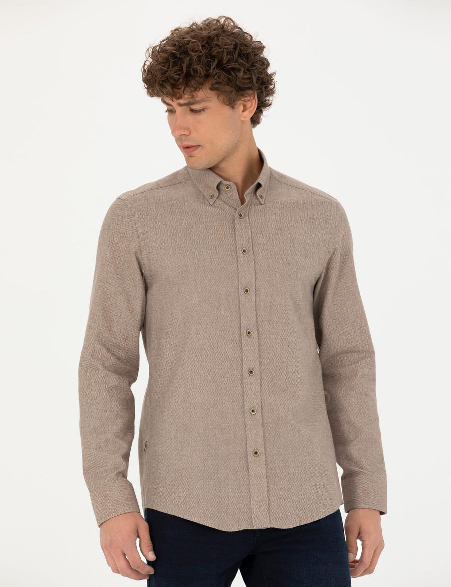 Bej Slim Fit Uzun Kollu Gömlek