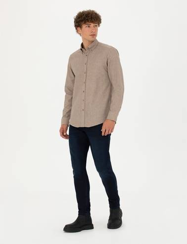 Bej Slim Fit Uzun Kollu Gömlek