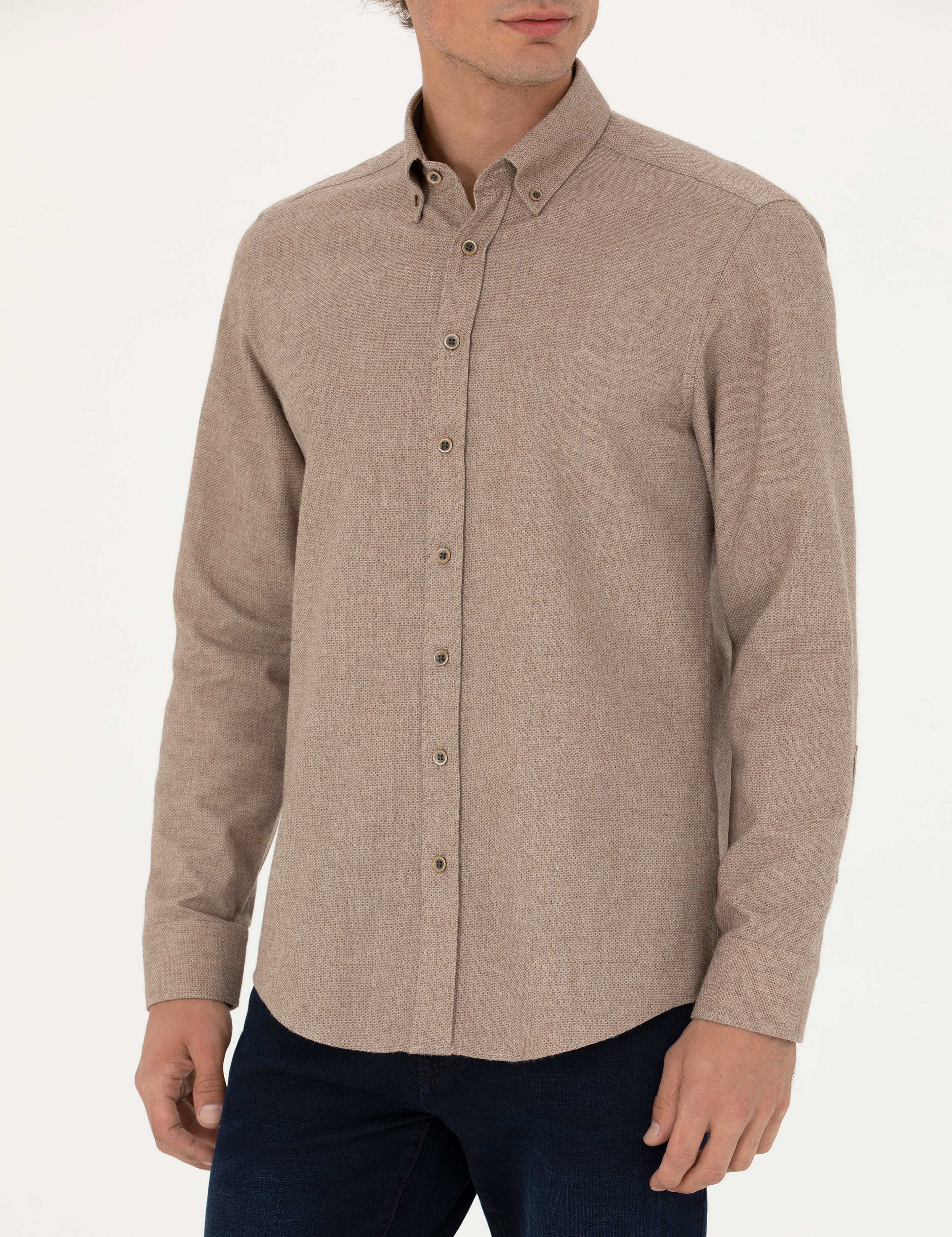 Bej Slim Fit Uzun Kollu Gömlek - Image 6
