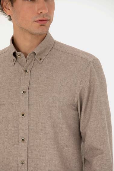 Bej Slim Fit Uzun Kollu Gömlek